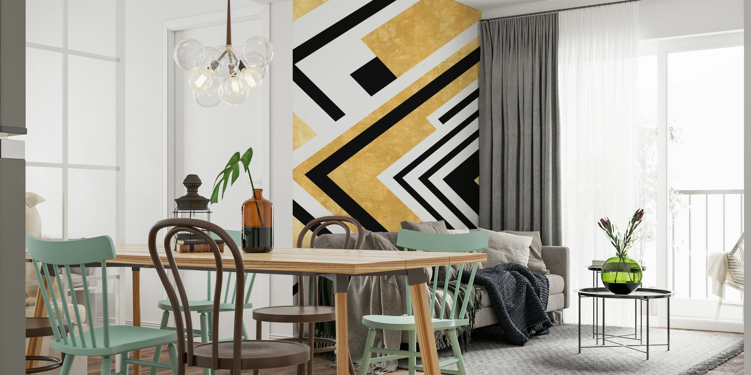 Geometric wallpaper with triangles in a room