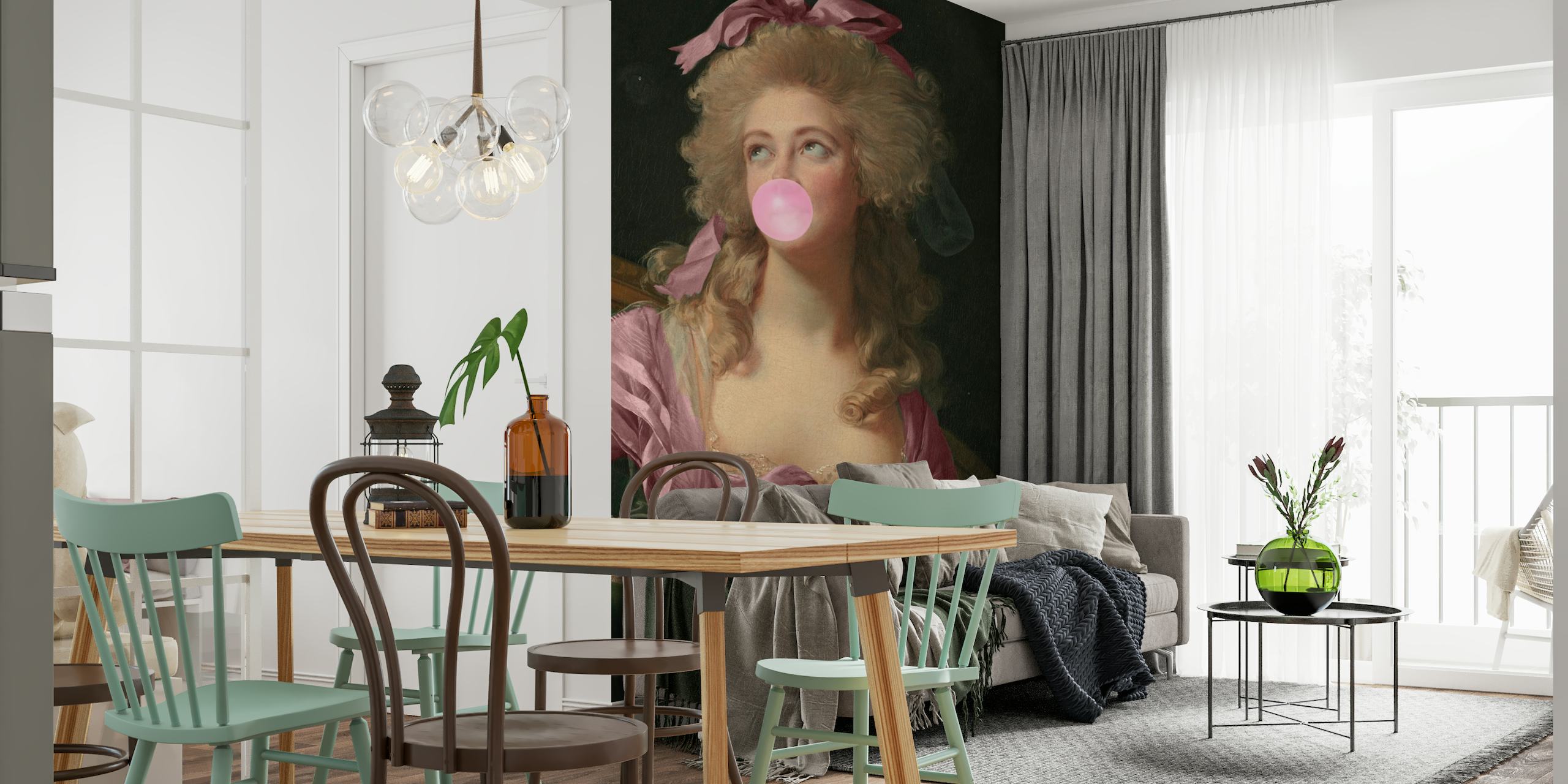 Een elegant, klassiek portret van een vrouw met een roze strik die kauwgom blaast
