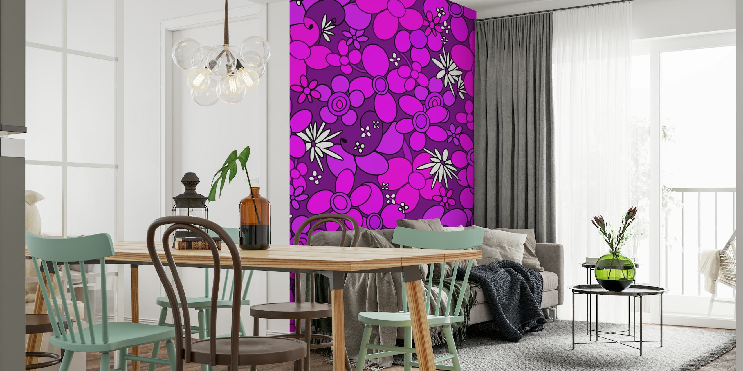 1960s and 1970s style vibrant purple and magenta retro flower pattern wall mural