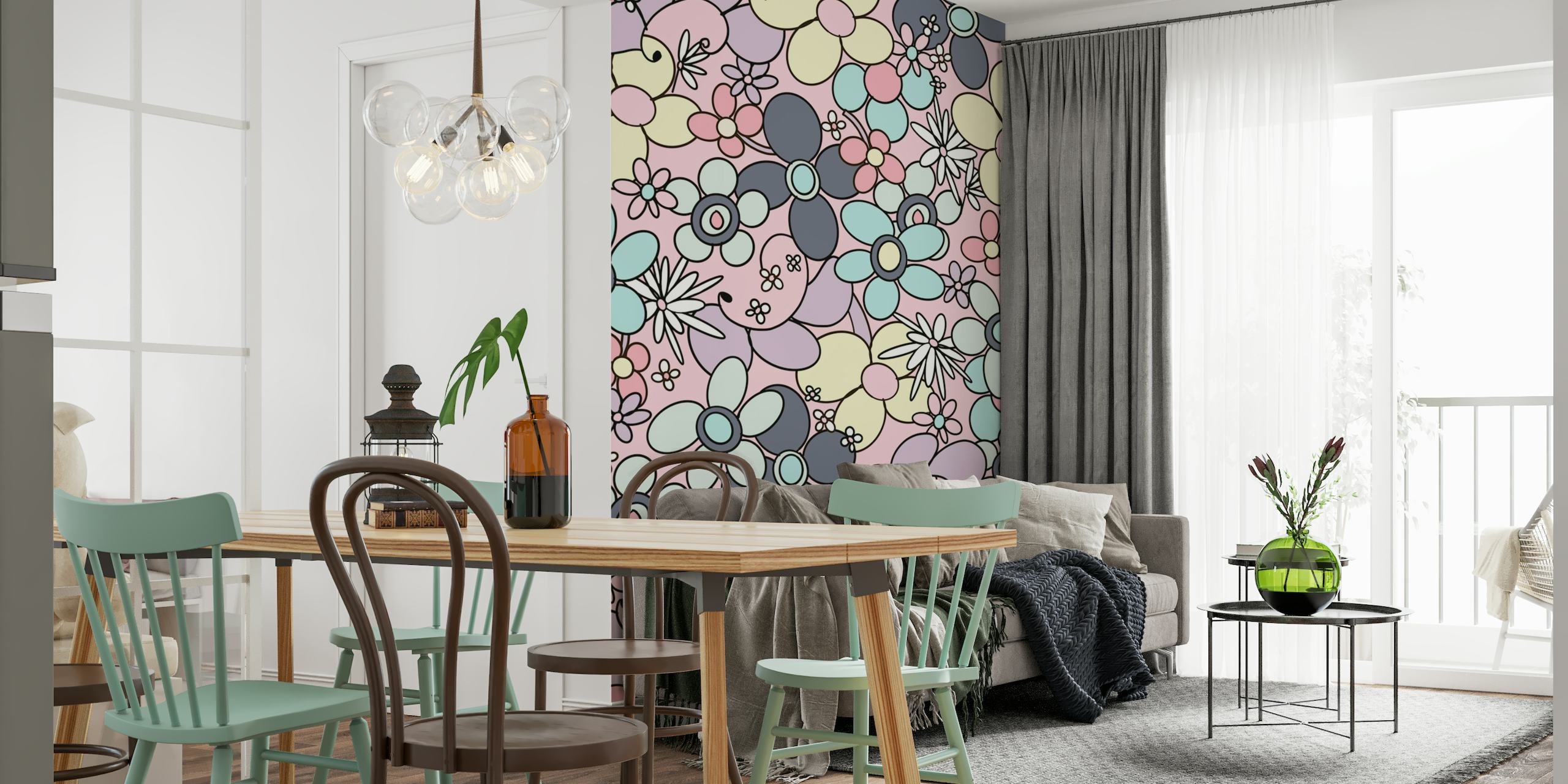 Retro flower pattern wall mural with pastel colors from the 60s and 70s era.