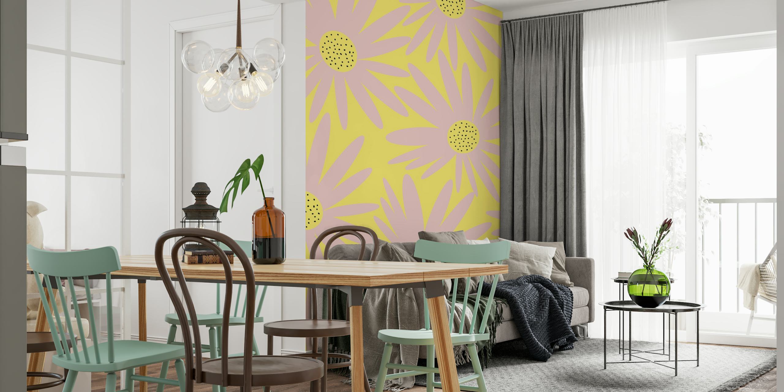 Papier peint rétro sunflower dans une pièce lumineuse