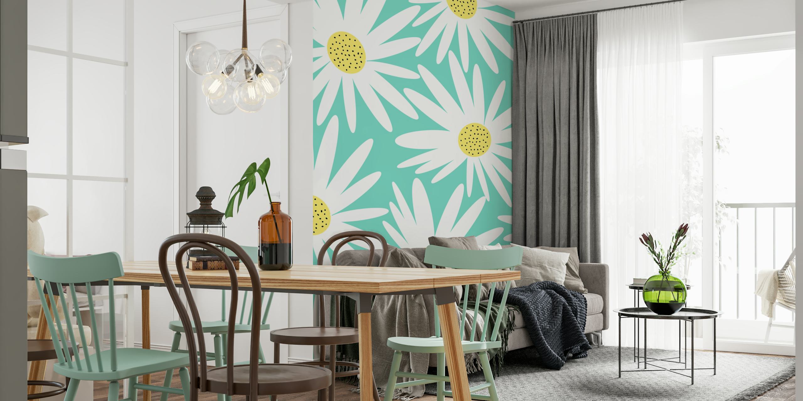Retro-inspired sunflower wall mural on a mint green background