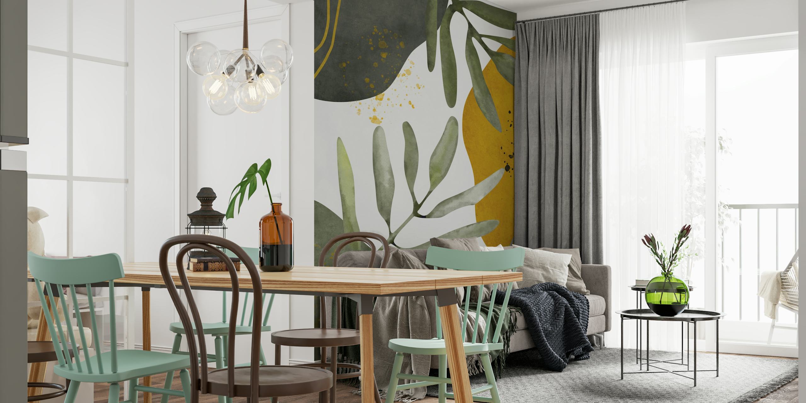 Abstract botanical leaves in muted greens with earthy-toned shapes wall mural
