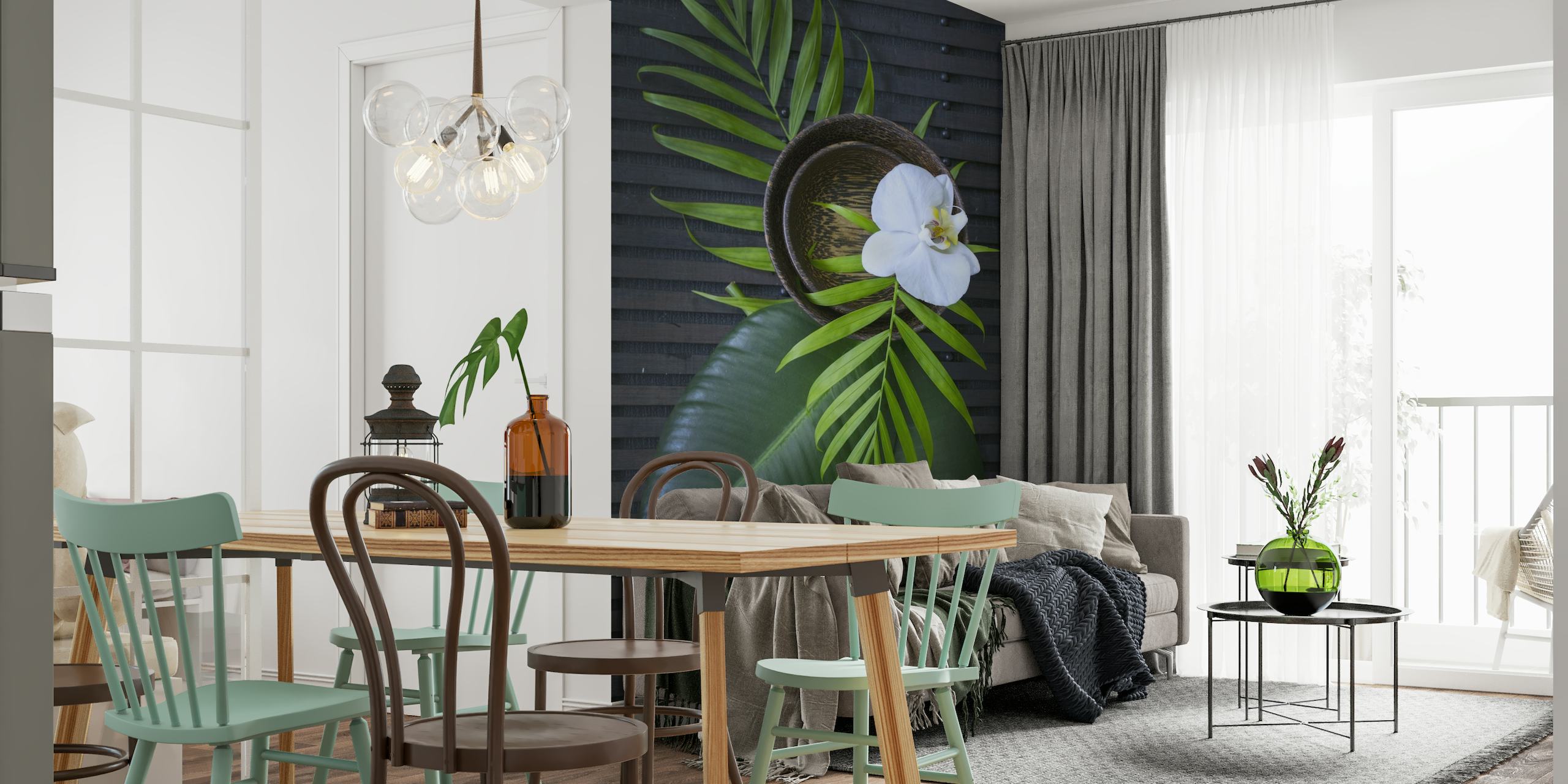 Zen Leaf Orchid Still Life wall mural with white orchid and green leaves
