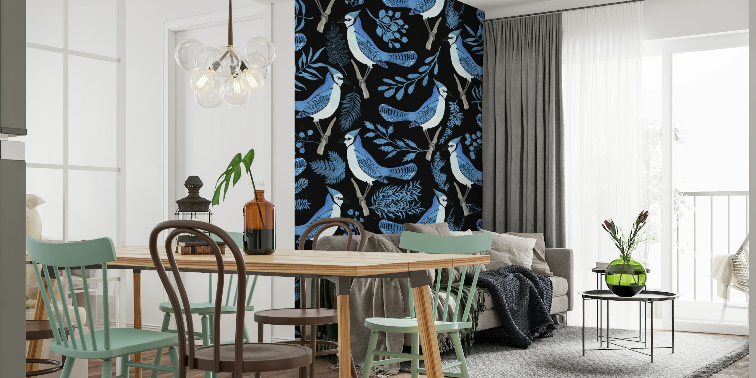A sophisticated wall mural featuring blue jays and foliage on a black background.