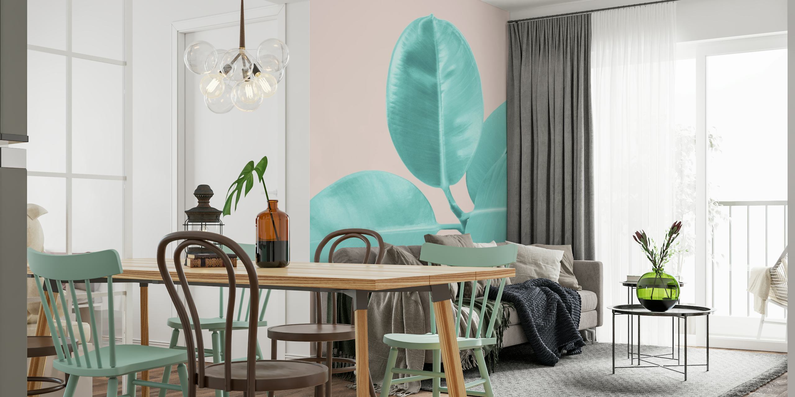 Pastel teal rubber plant leaves against a blush pink background wall mural