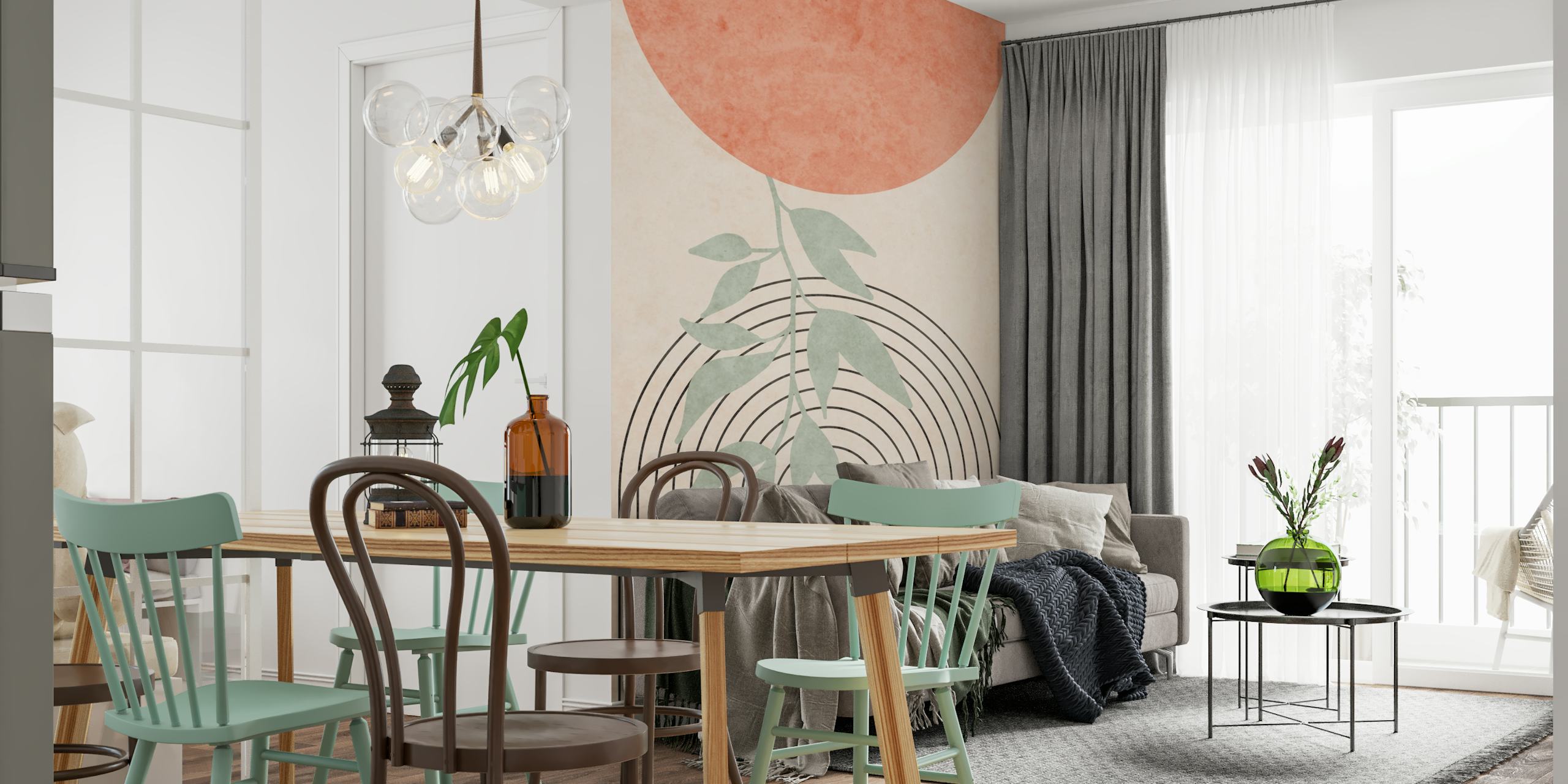 Abstract design with a large red circle, green leaves, and black lines wallpaper