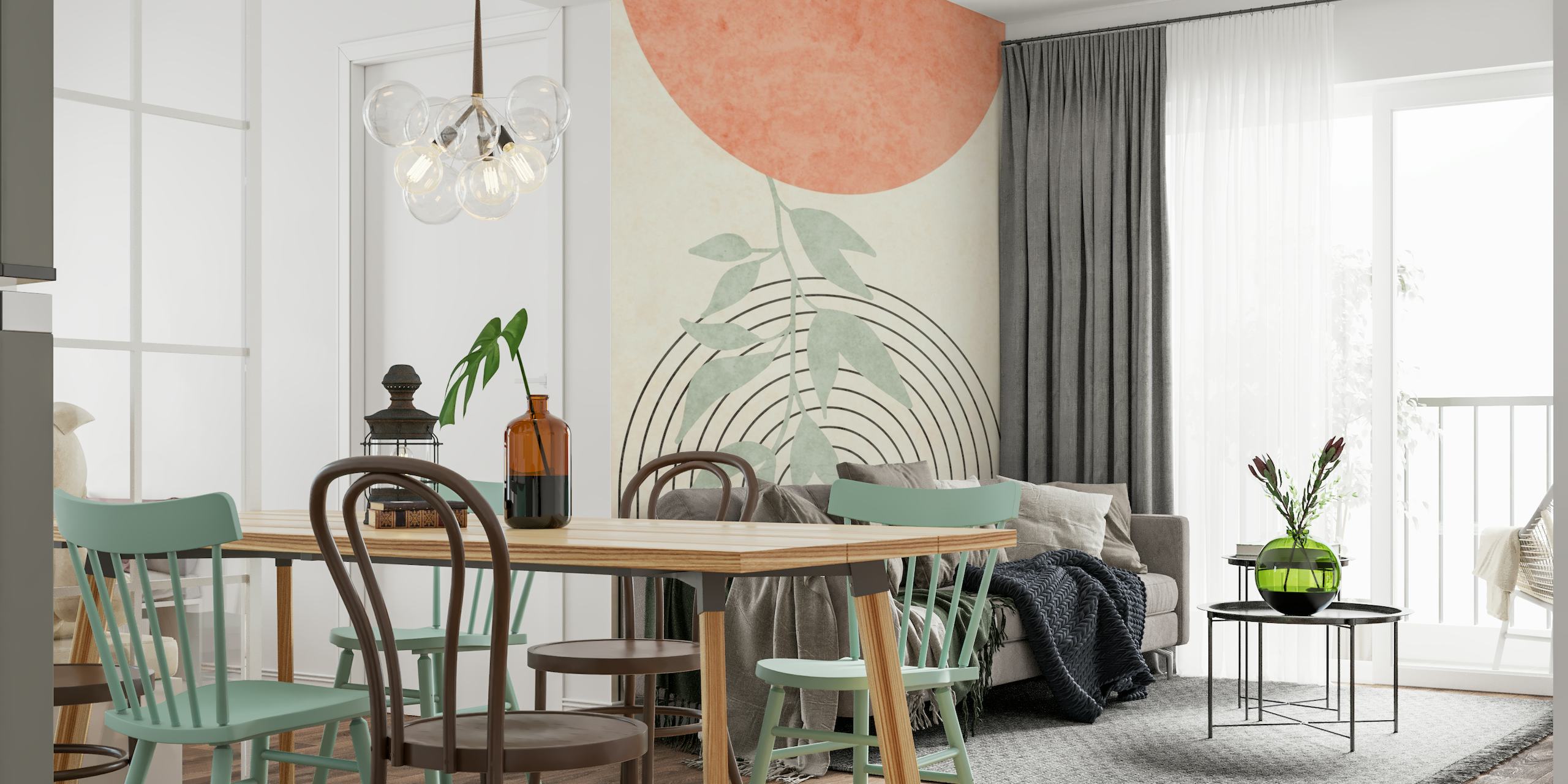 Abstract Mid Century wall mural with blush tones and botanical silhouette against a muted background