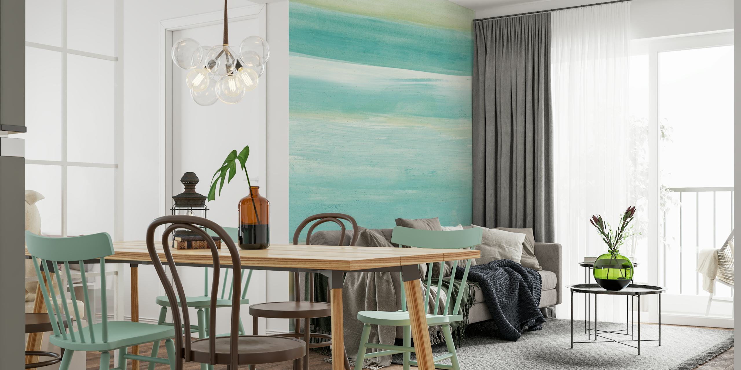 Abstract striped wallpaper in aqua, blue, and cream