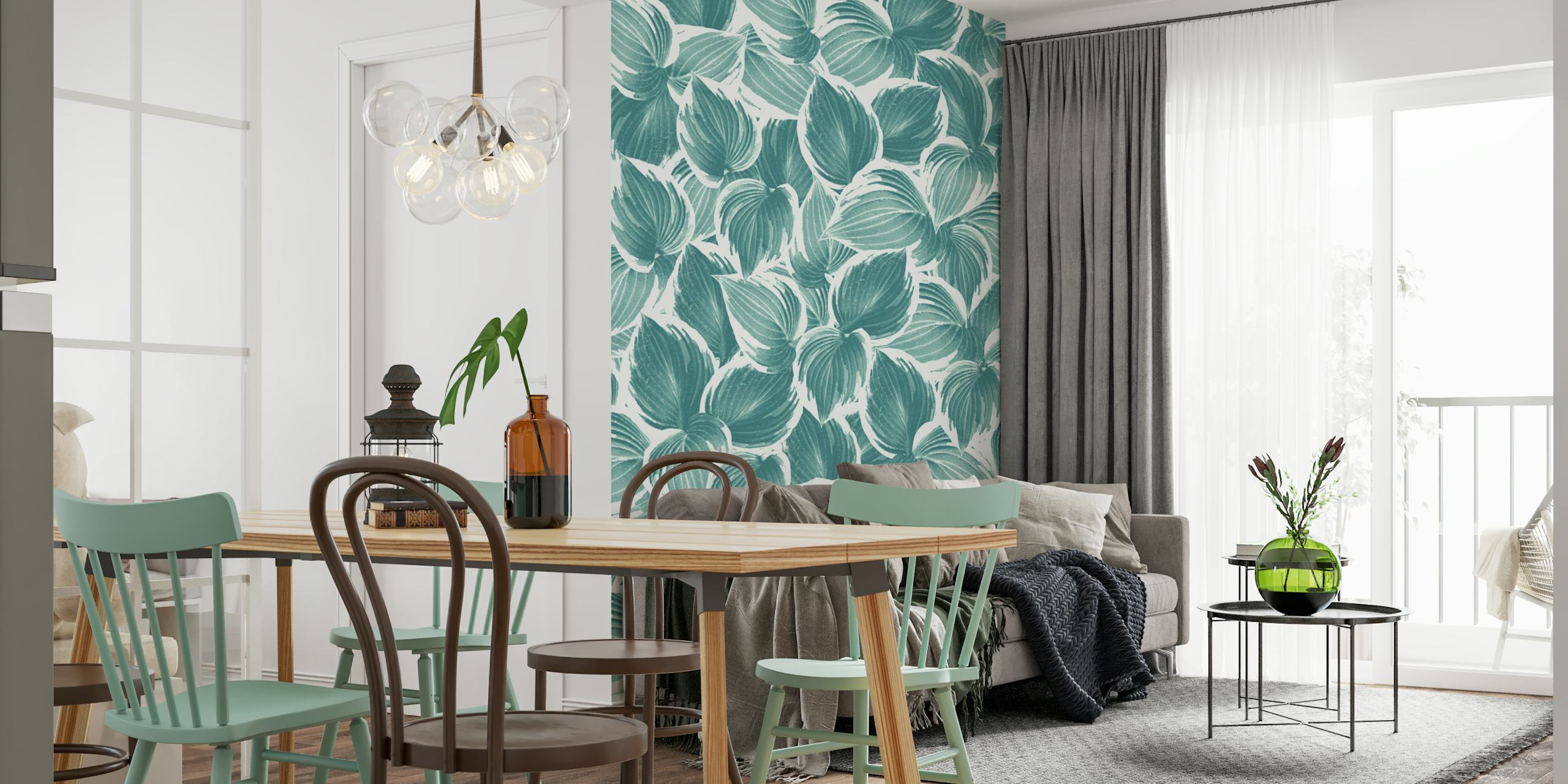 Botanical teal leaves pattern on a white background wall mural