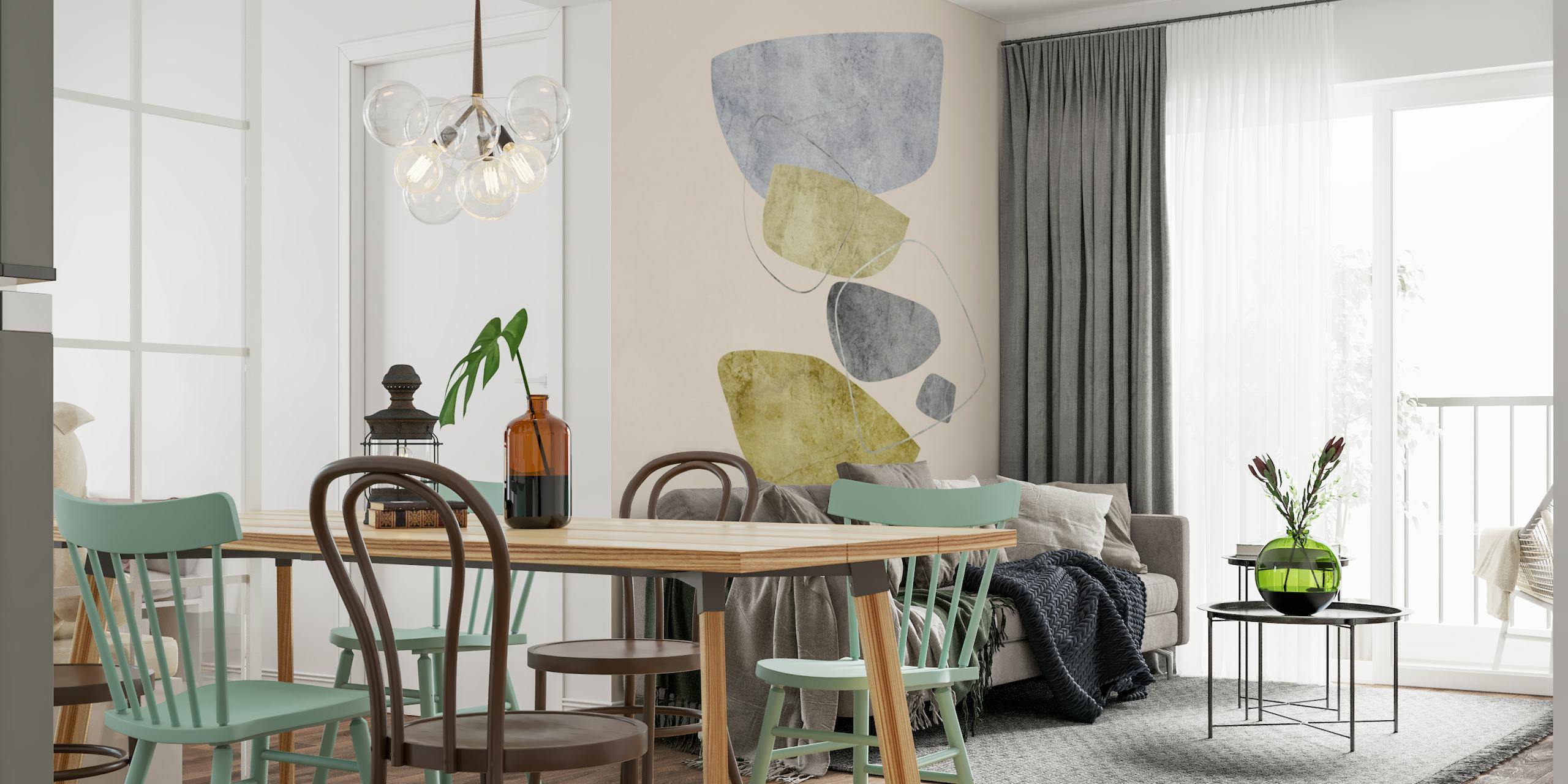 Abstract shapes wall mural in pastel colors including green and grey