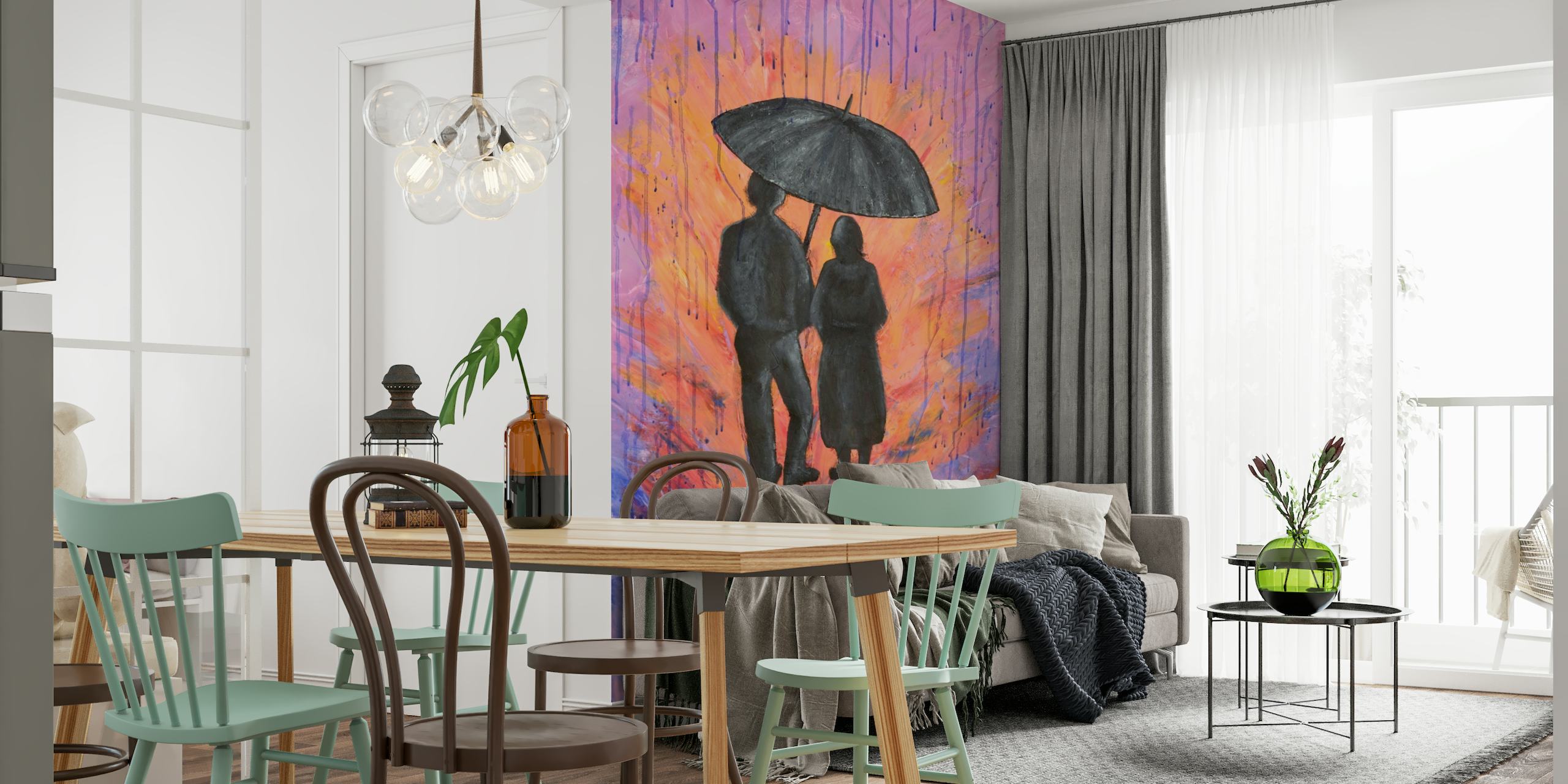 Silhueta de um casal sob um guarda-chuva com fundo de tons de fogo e roxos representando chuva
