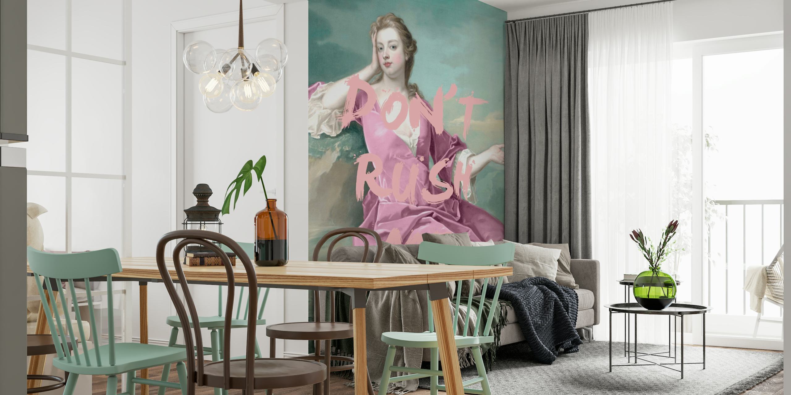 Renaissance-inspired figure in pink gown with 'Don't Rush Me' text overlay wall mural