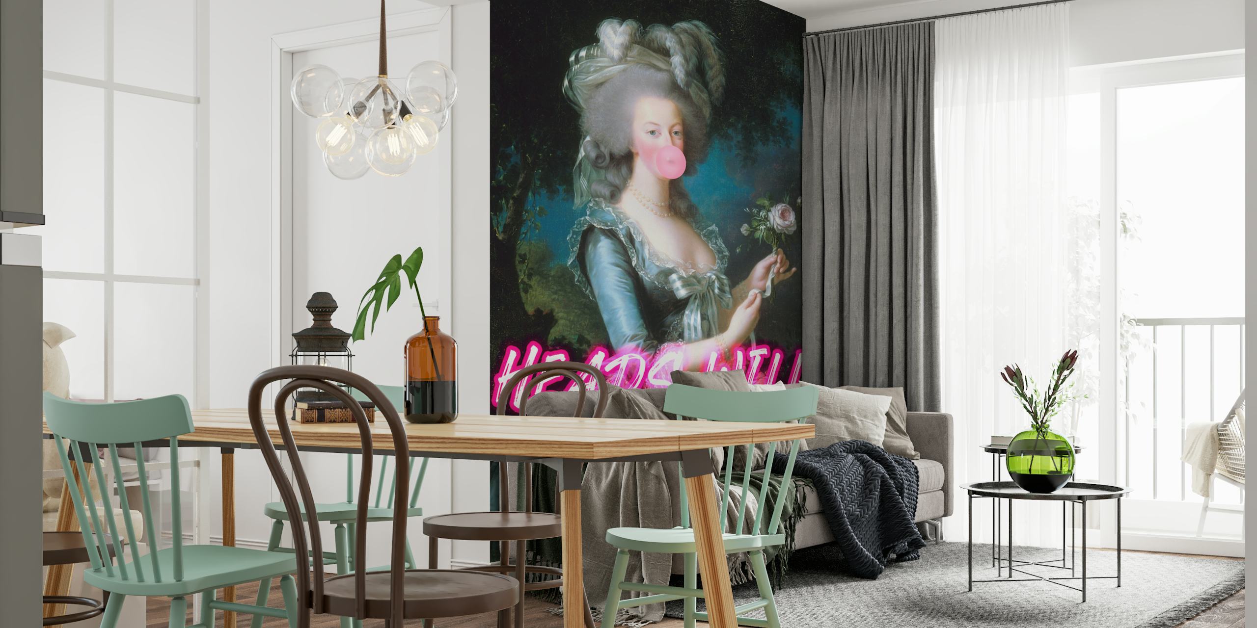 Marie Antoinette in a vintage style with neon pink text wallpaper