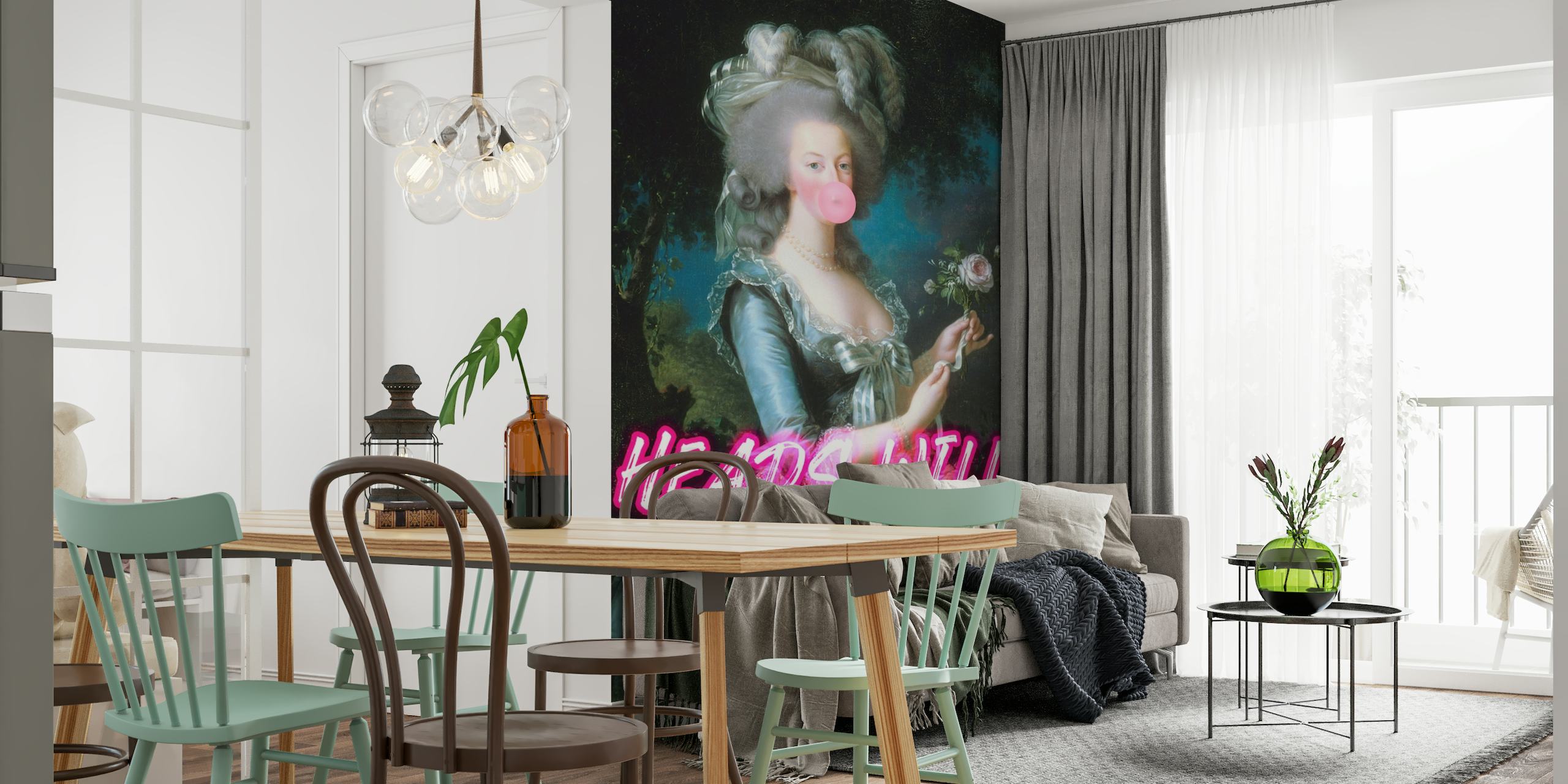 Marie Antoinette figure with neon text and bubble gum wall mural