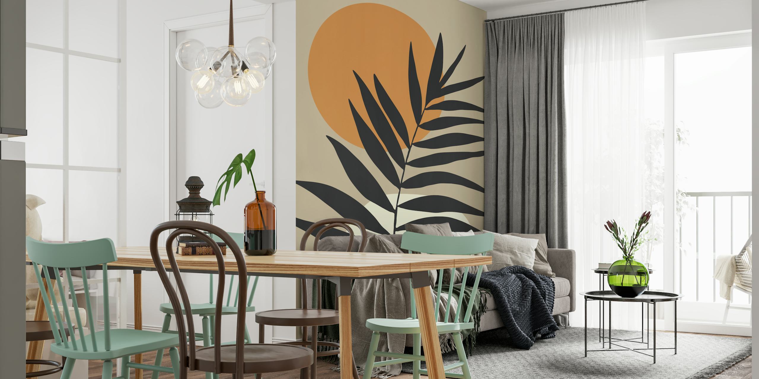 Tropical leaf design with warm sun and neutral colors wallpaper