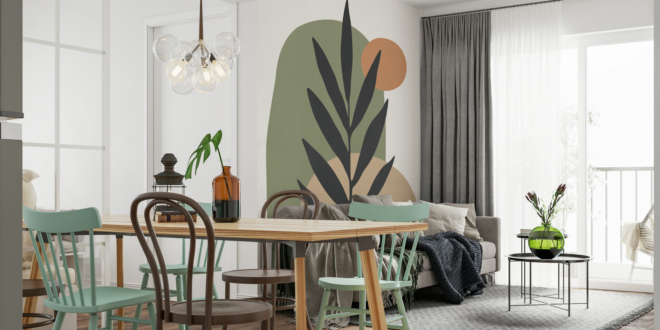 Leafy branch with abstract layered shapes in greens and beige wallpaper