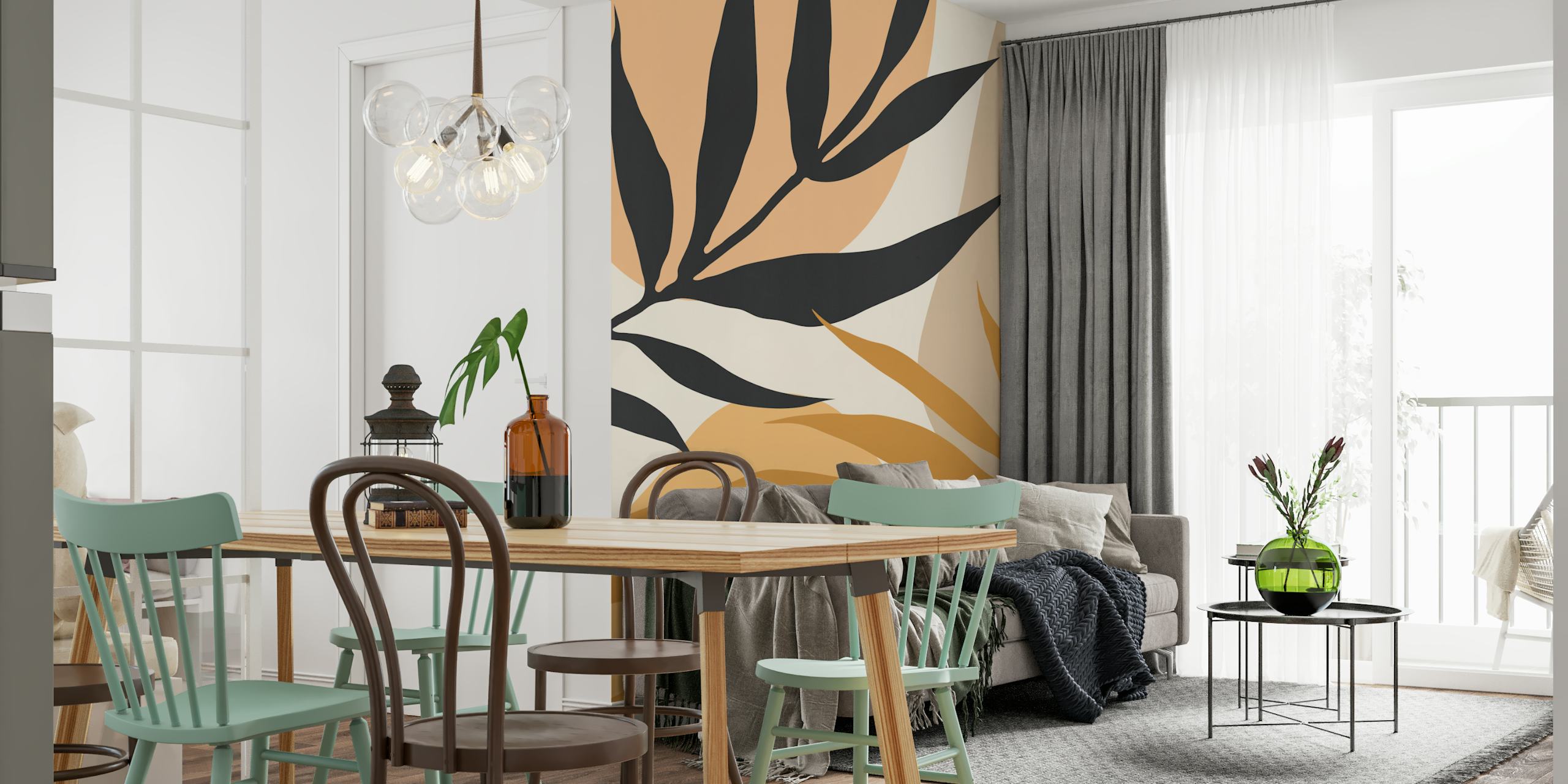 Black and gold leaves design on a warm beige background wallpaper