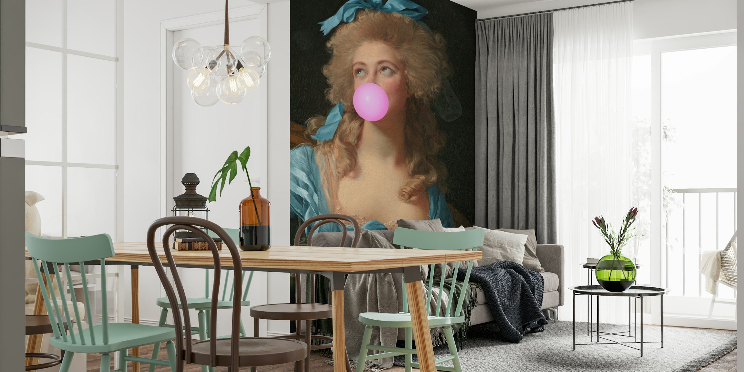 Woman with blue dress and pink bubblegum, vintage style wallpaper