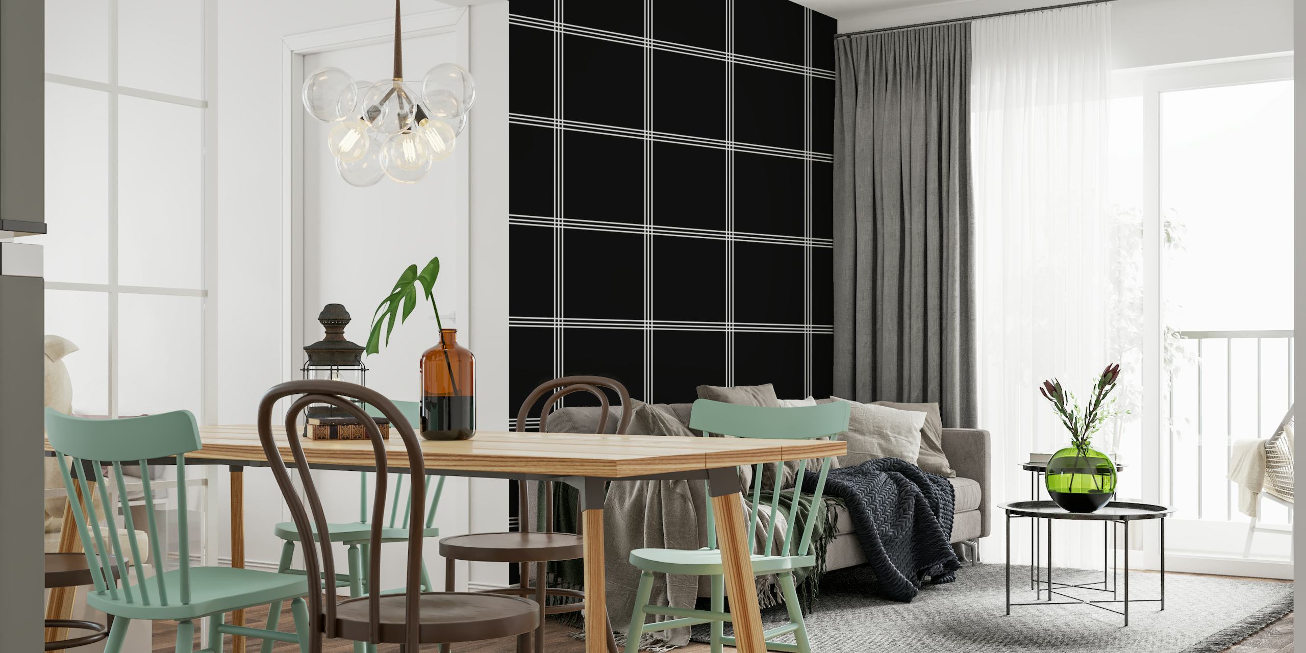 Black and white grid wall mural