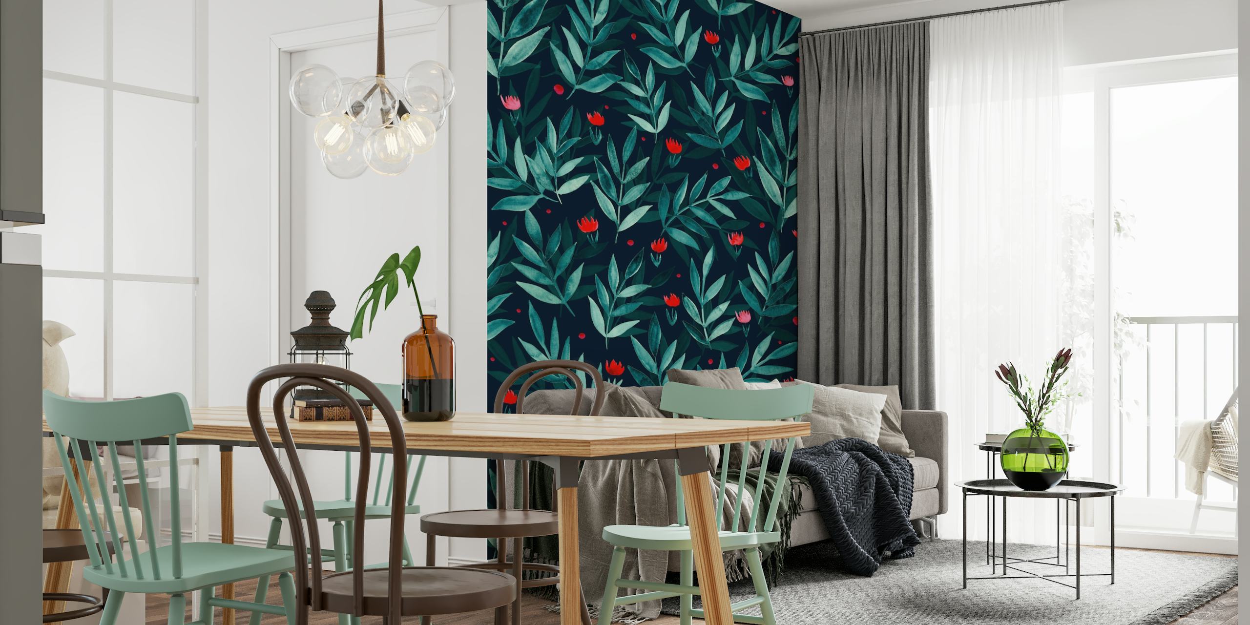 Night garden teal and red wallpaper