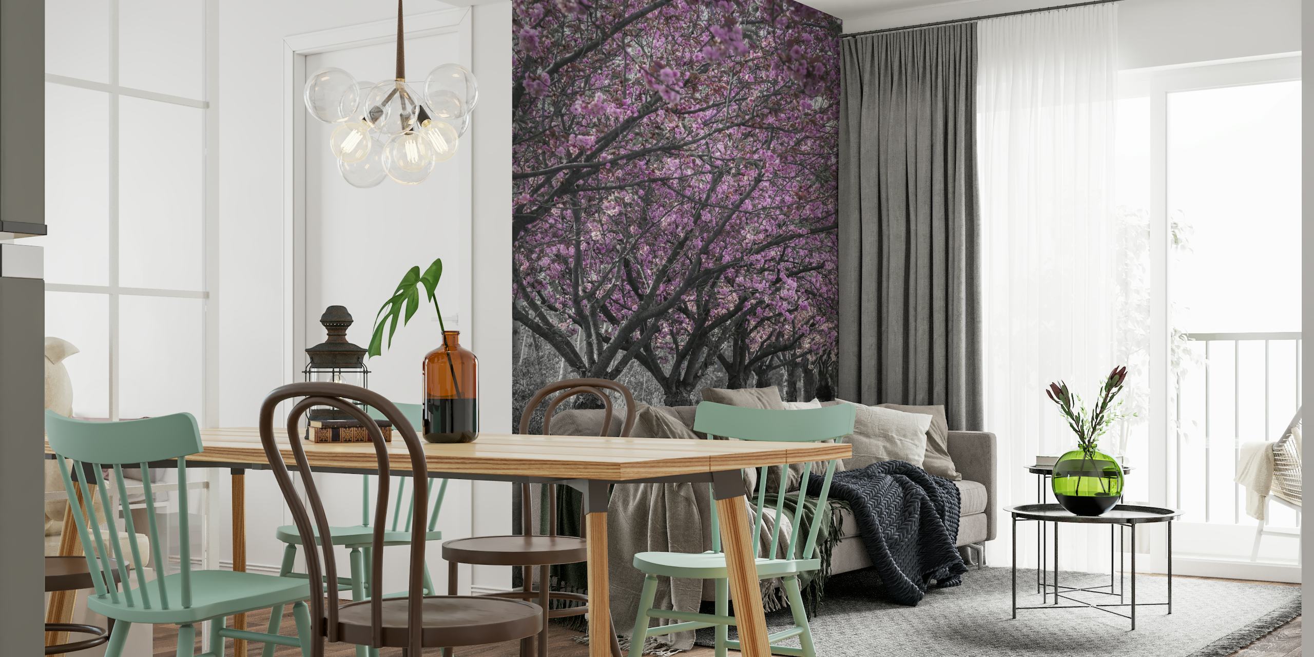 Pink cherry blossoms over a monochrome alley wall mural