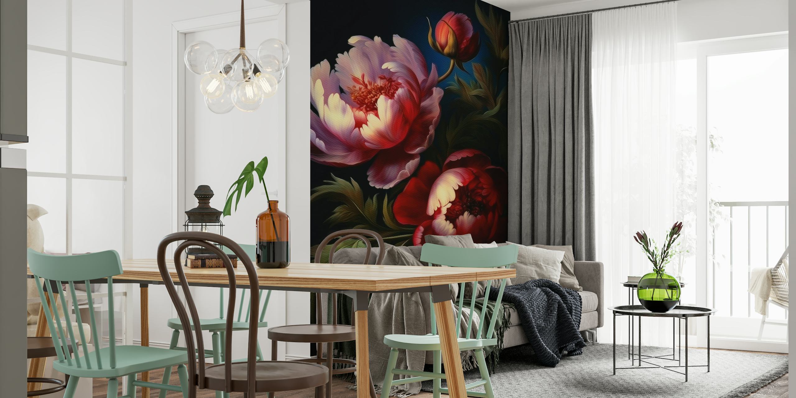 Luxuriöses, dunkel getöntes, barockes Blumengarten-Wandbild mit detaillierten Pfingstrosen und Blattwerk.