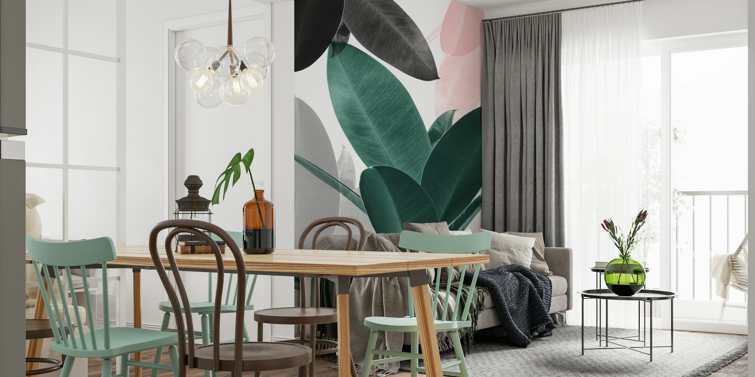 Elegante mural de pared Leaf Play con una mezcla de hojas rosadas, verdes y monocromáticas