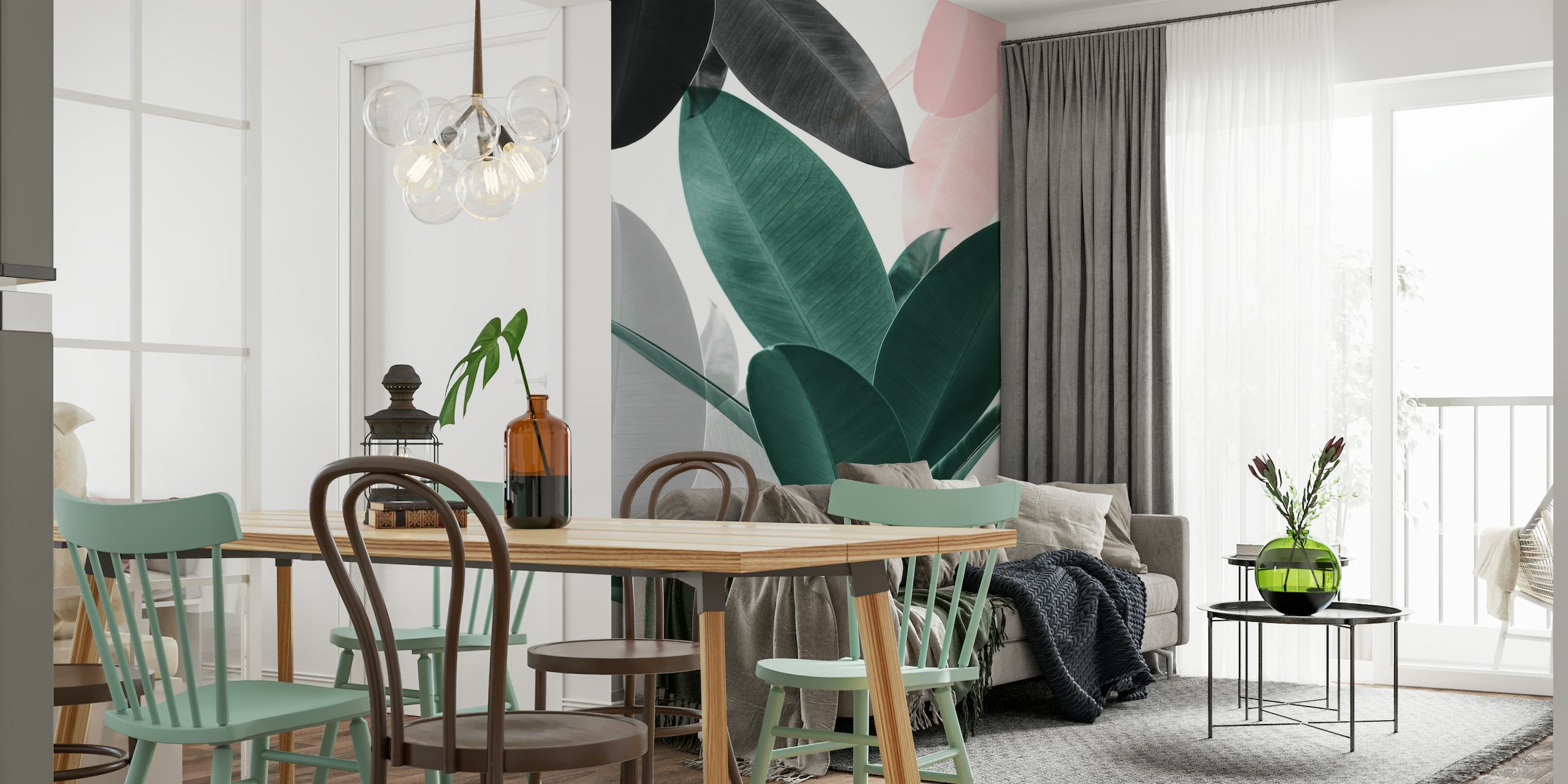Stylish 'Leaf Play' wall mural with a blend of pink, green, and monochrome leaves