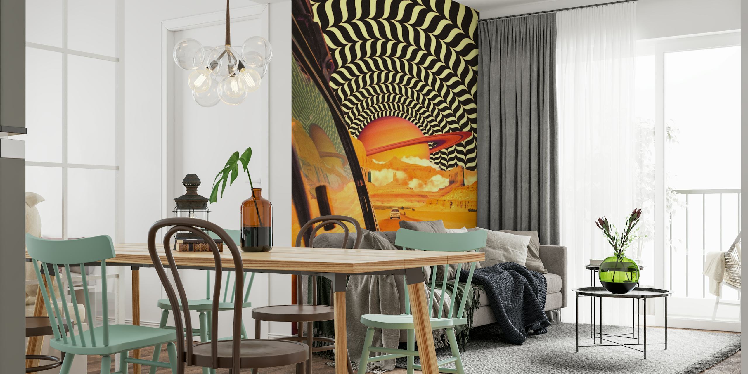Abstract road trip-themed wall mural with checkered sky over desert landscape