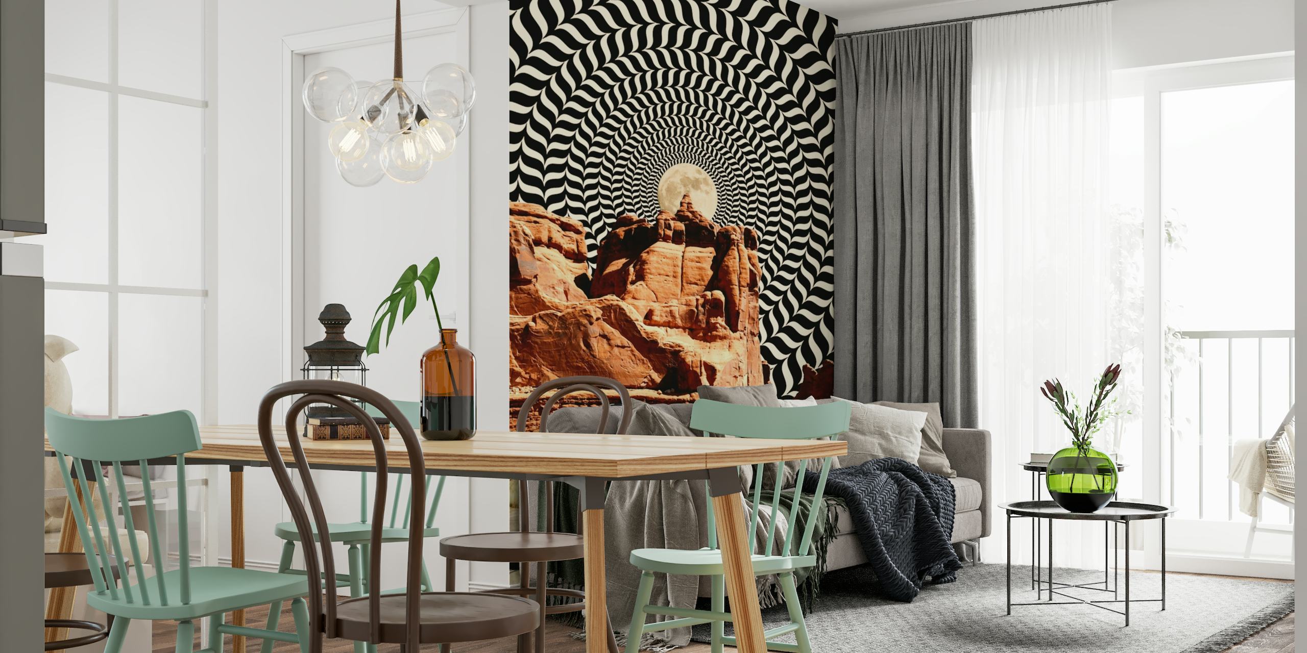 Vintage van driving through desert with optical illusion sky wall mural
