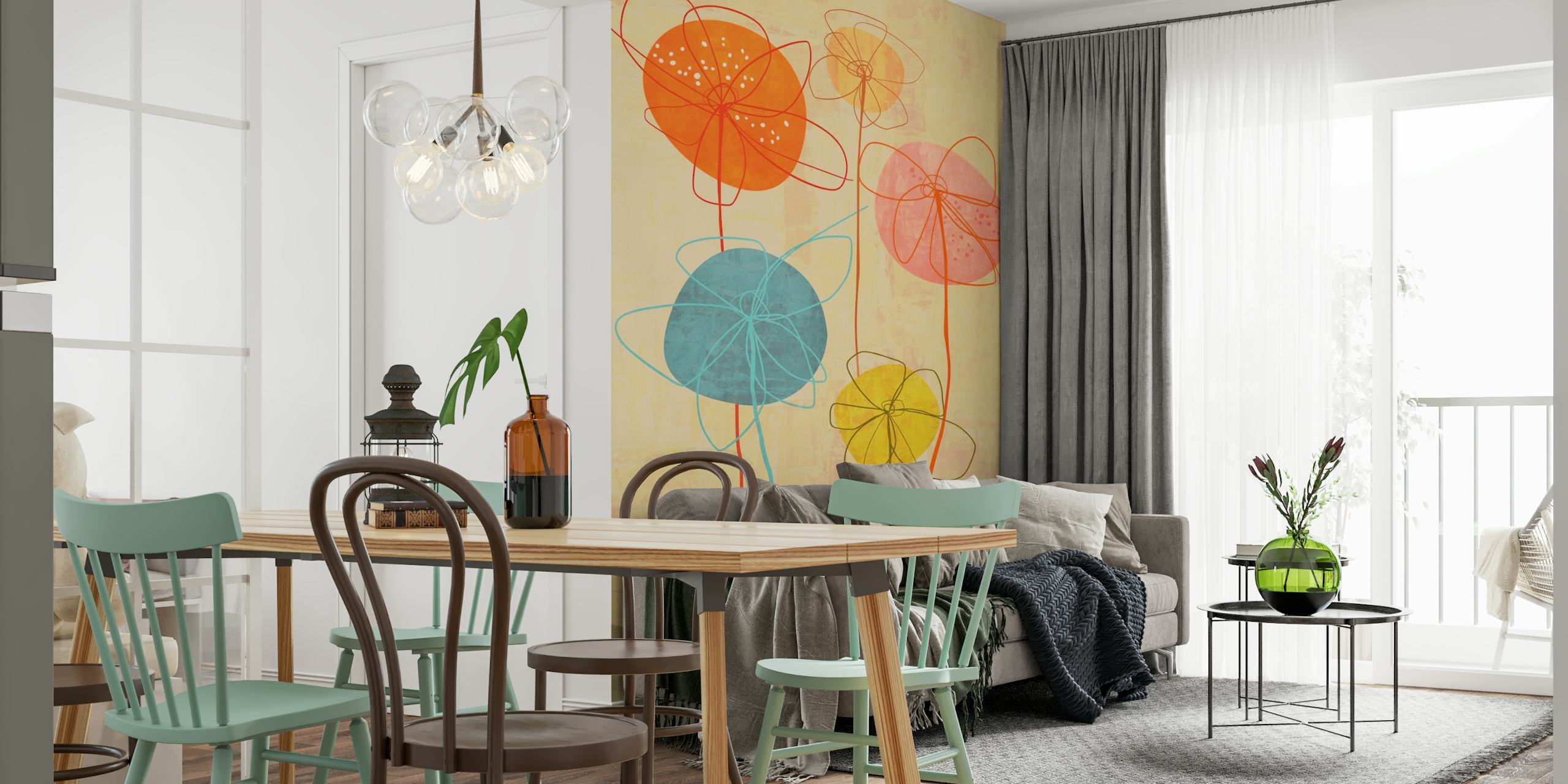 Colorful abstract floral design with pink, orange, and blue flowers on beige background wallpaper.