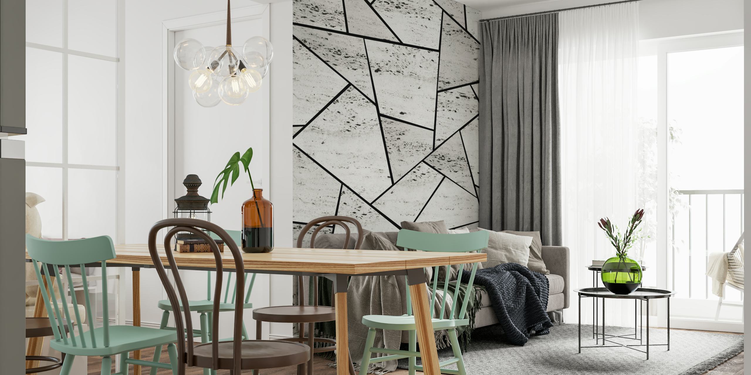 Betonová geometrická tapeta v místnosti