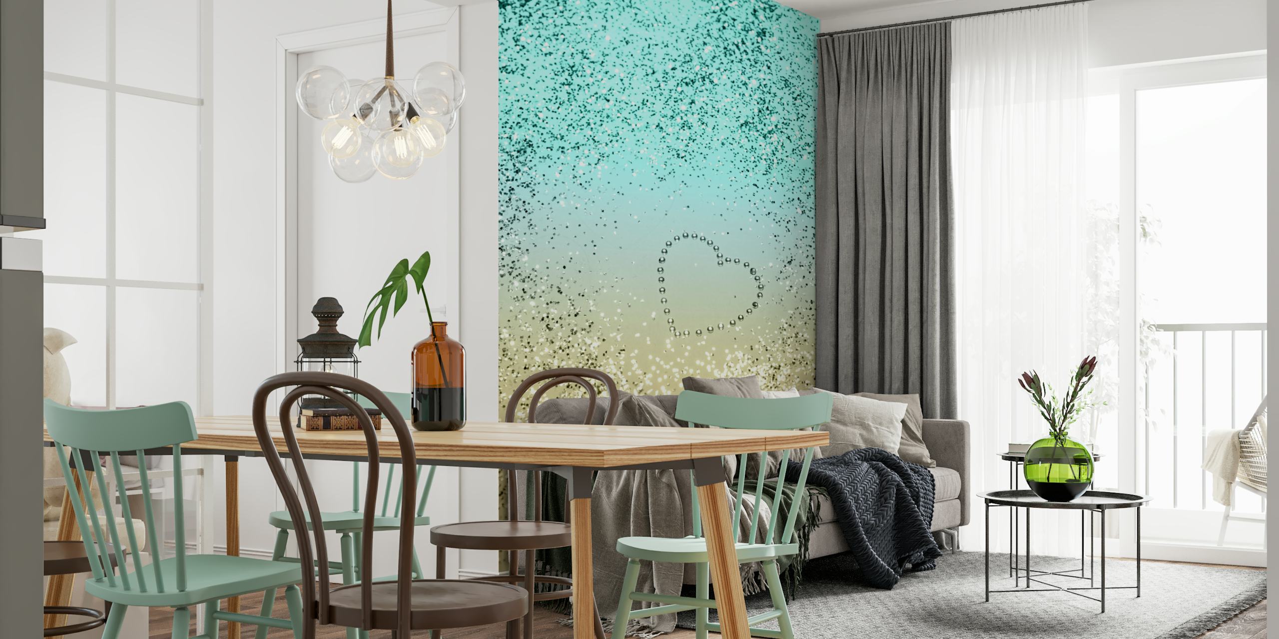 Lemon Twist Glitter Heart veggmaleri med gul til akvamarin gradient og gullglitter