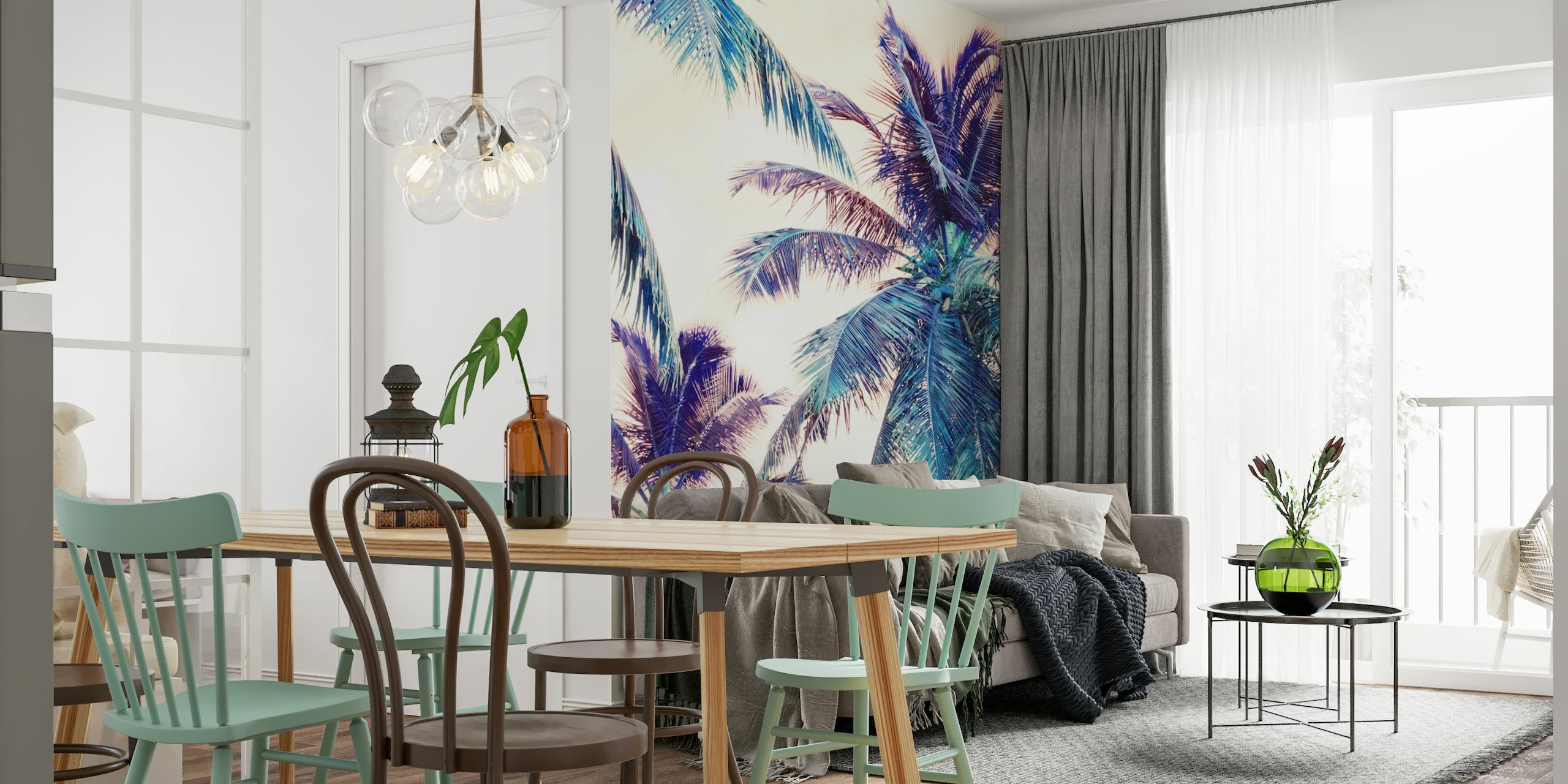 Muurschildering van palmbomen met zomerse strandvibes