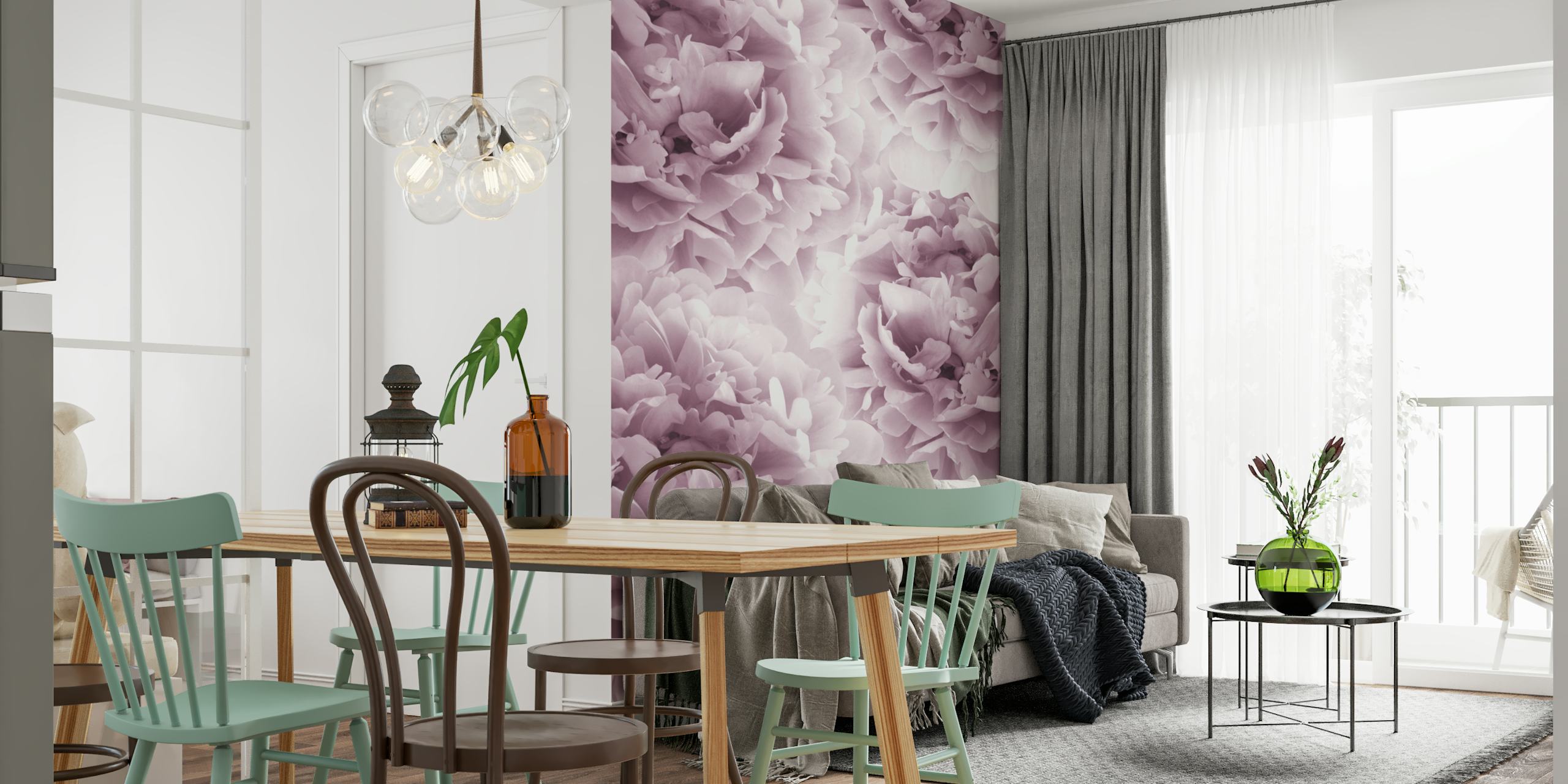 Een rustige en romantische mauve pioenrozen muurschildering voor interieurdecoratie.