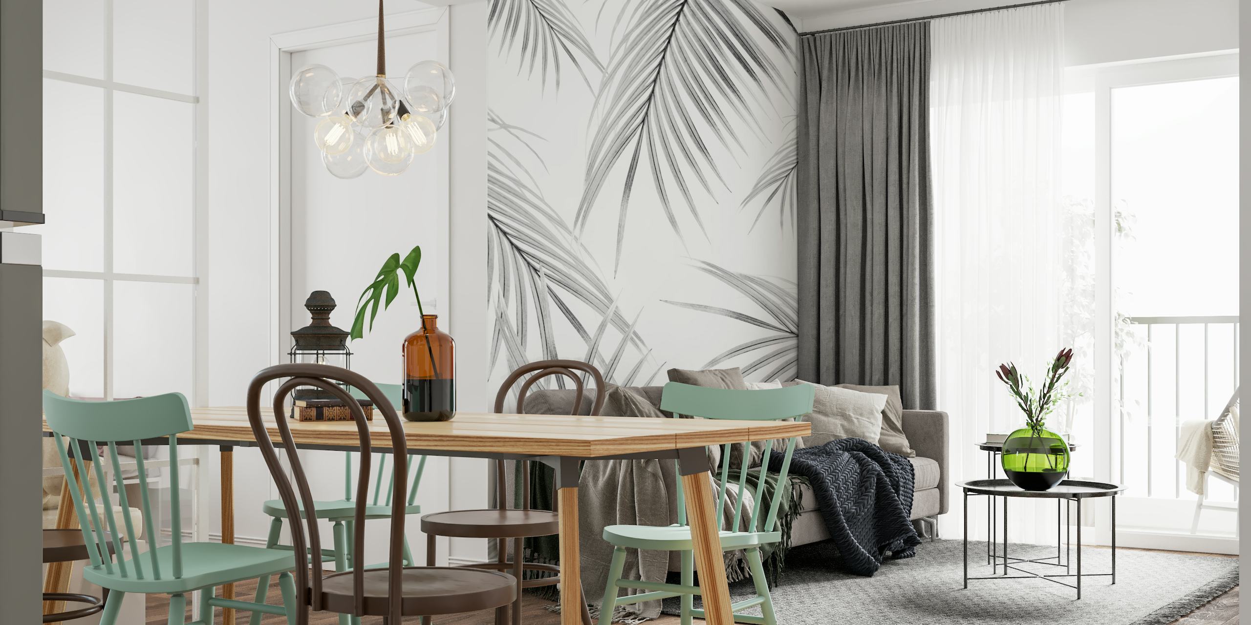 A wall mural with a design of soft gray palm leaves for a tranquil ambiance.