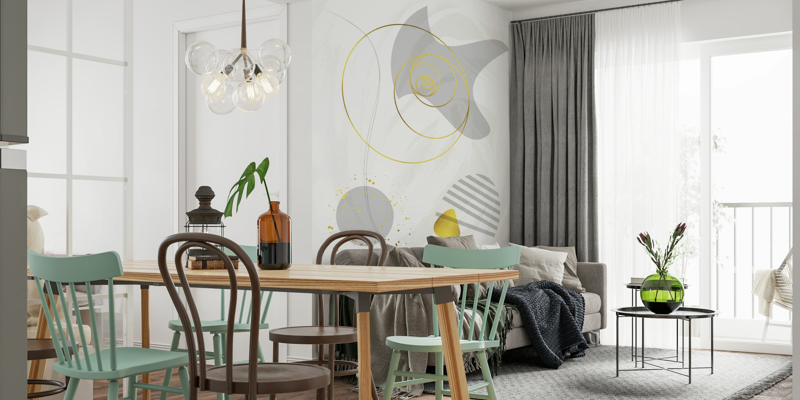 Mid-Century Vintage No 8 abstrakt design vægmaleri med geometriske former og guldaccenter