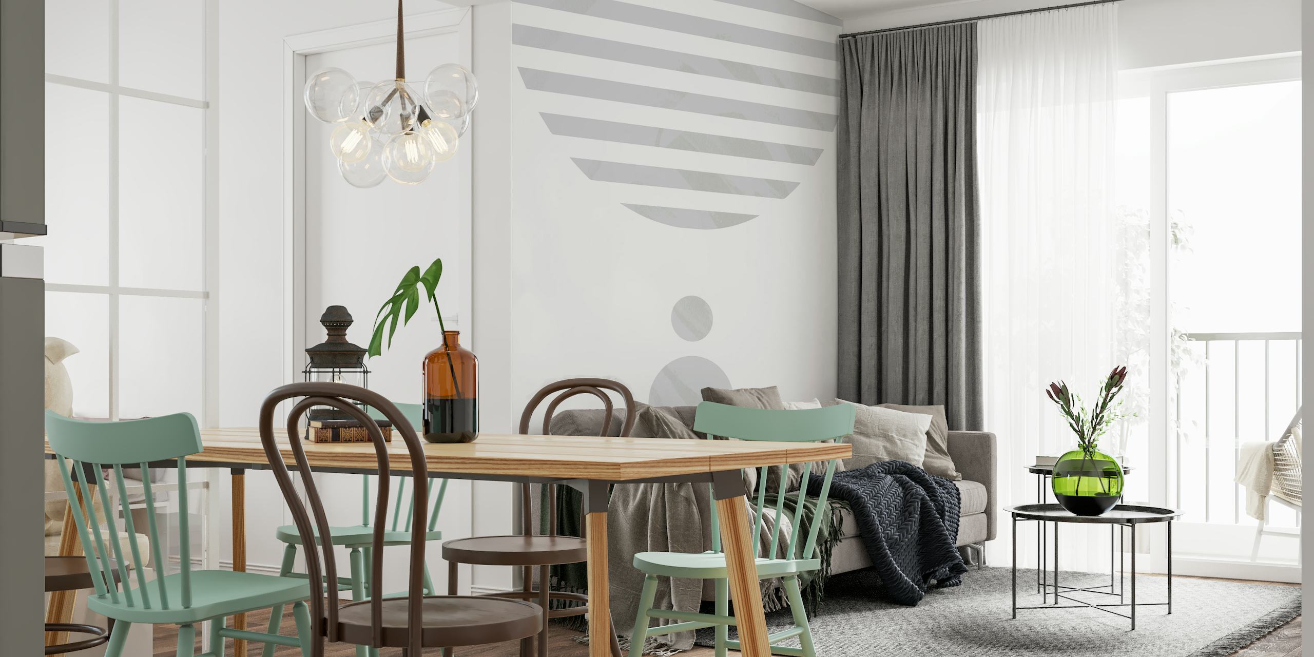 Stylized mid-century modern inspired wall mural with abstract geometric shapes