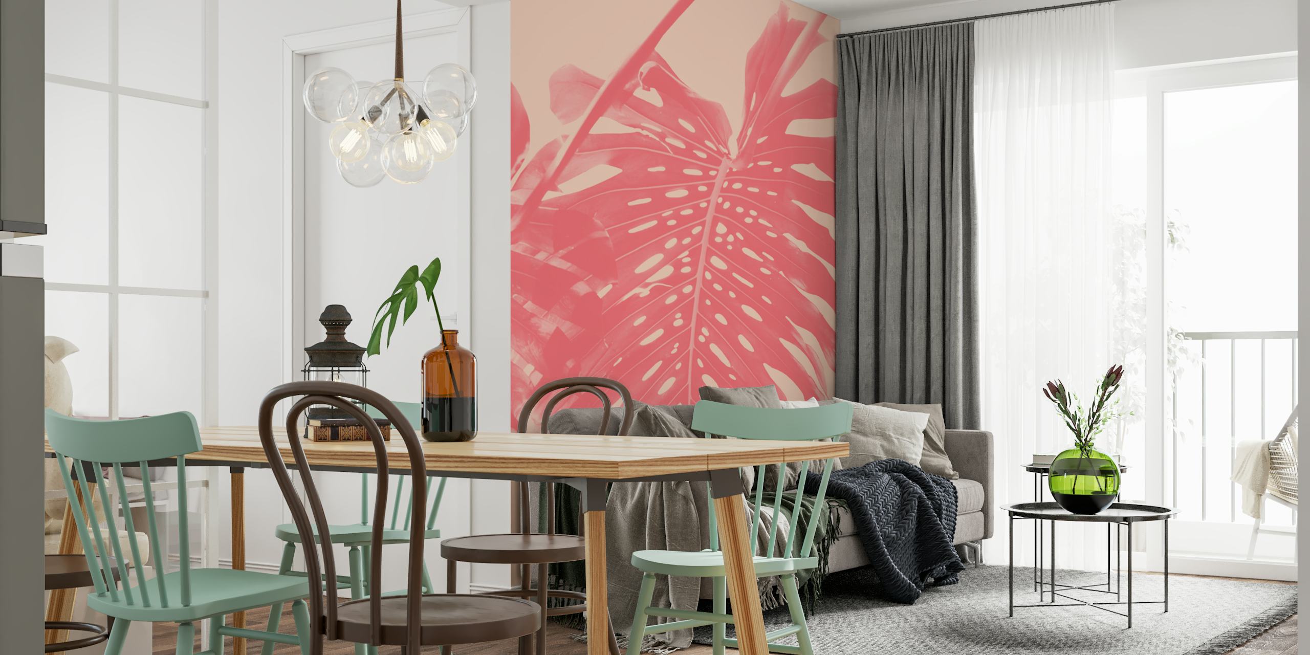 Pink monstera leaf on soft peach background wallpaper