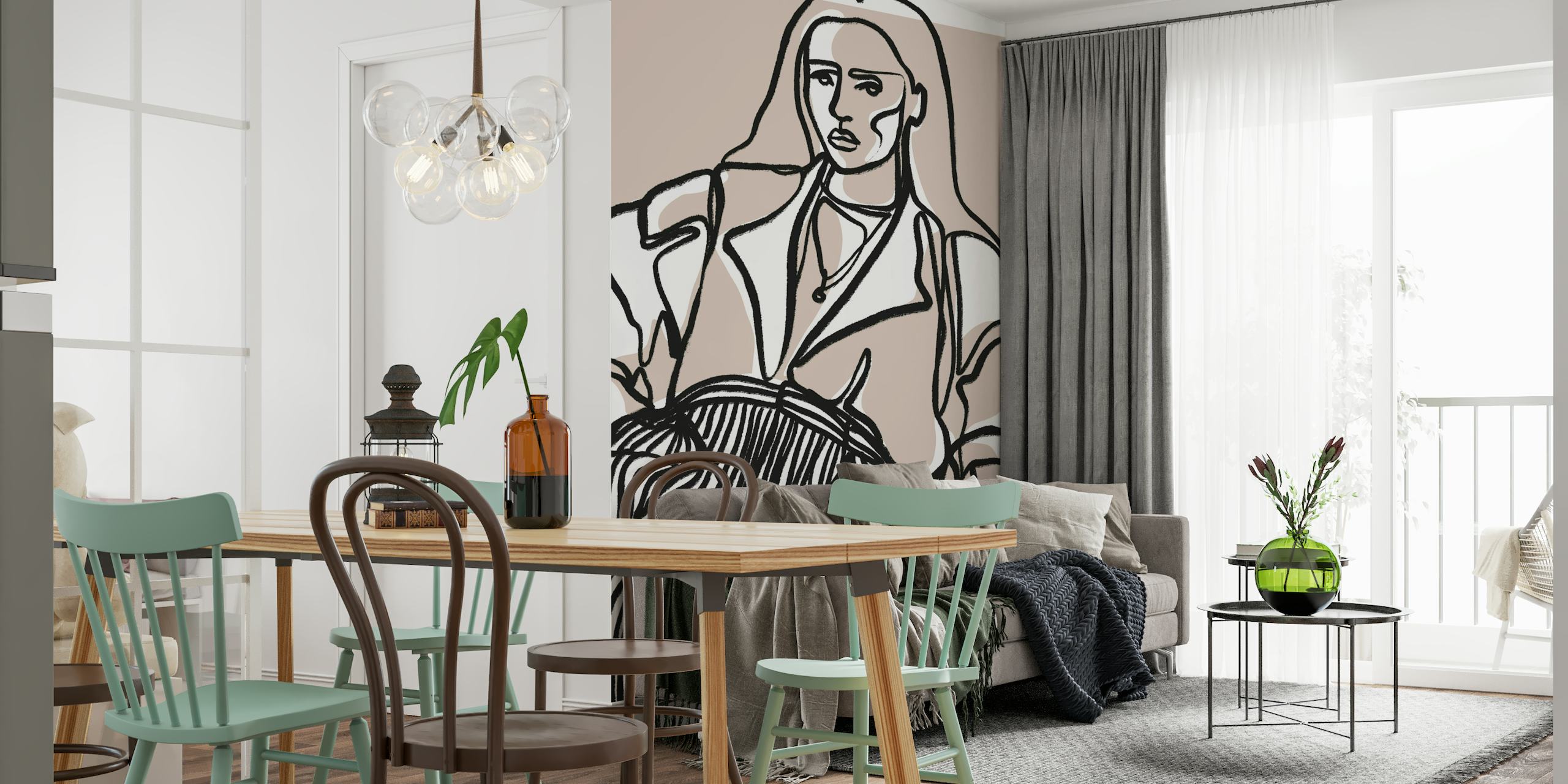 Contemplative figure line art wall mural on taupe background