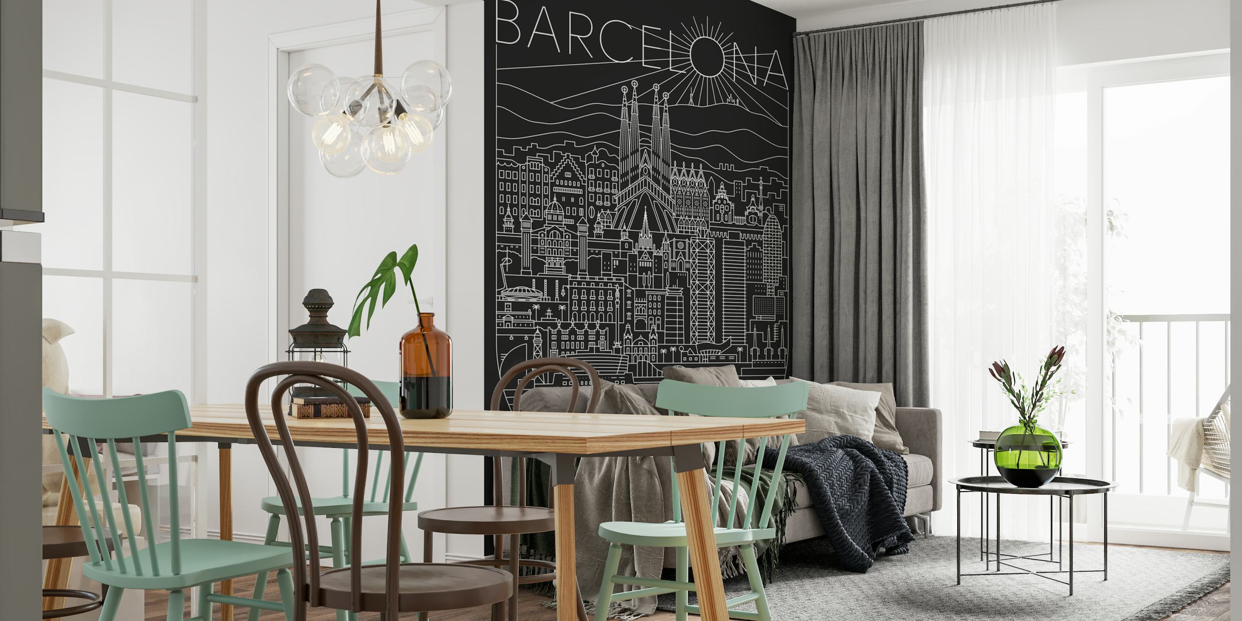 Lijnkunstmuurschildering met een afbeelding van het stadsbeeld van Barcelona met hoogtepunten zoals de Sagrada Familia