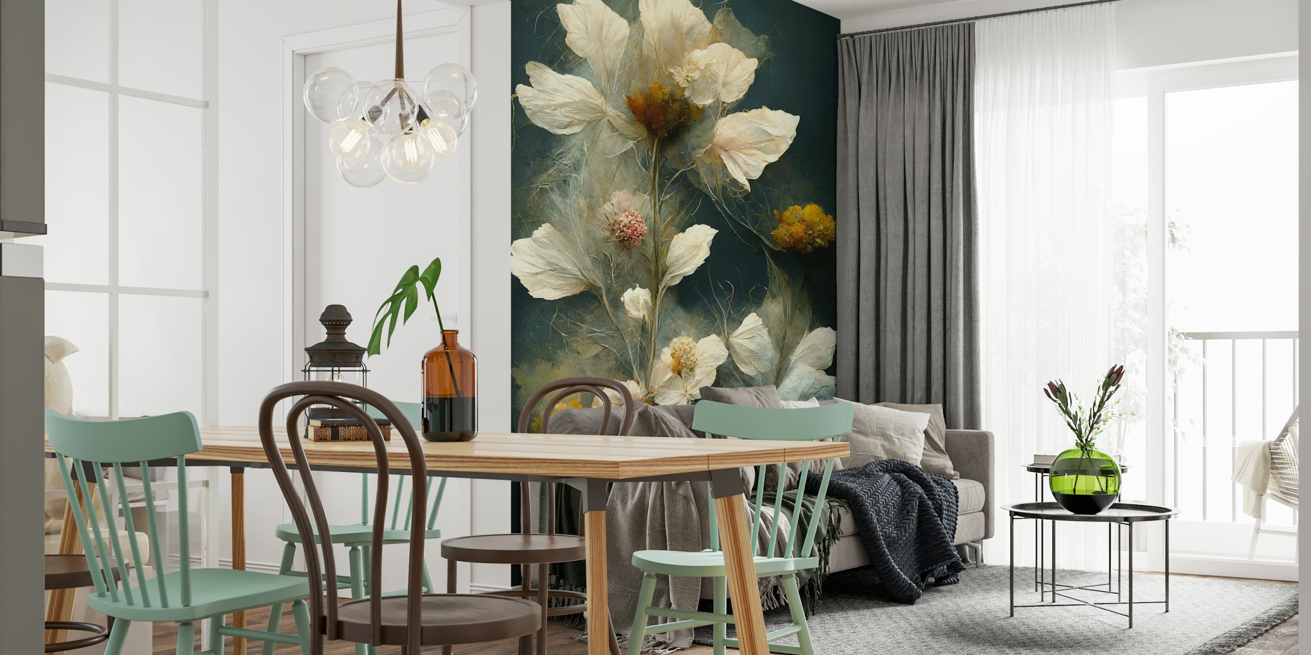 Floral wall mural with soft white blossoms and green accents in a delicate style wallpaper