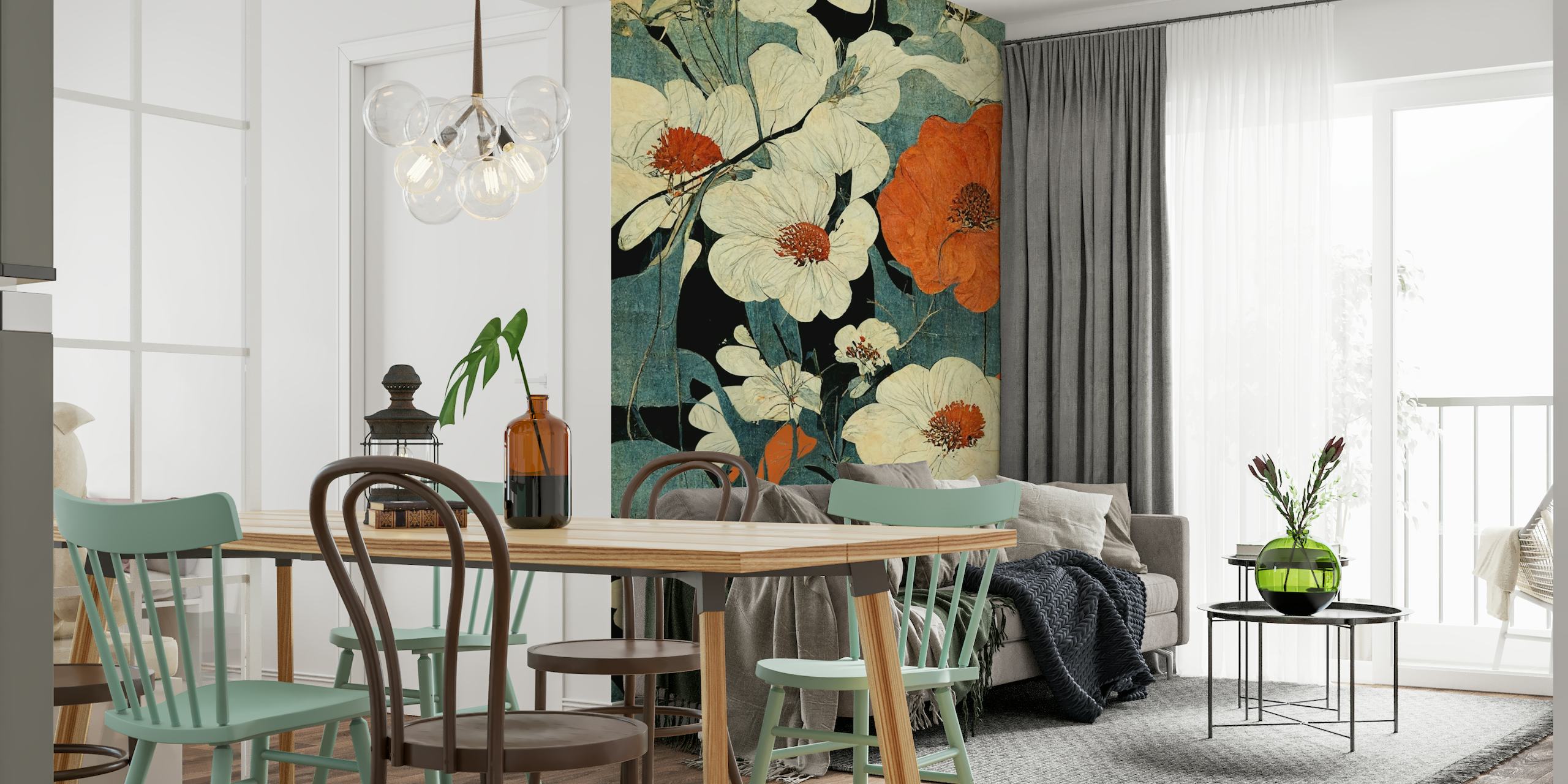 Asian-inspired floral wall mural with blooming white and red flowers against a dark background