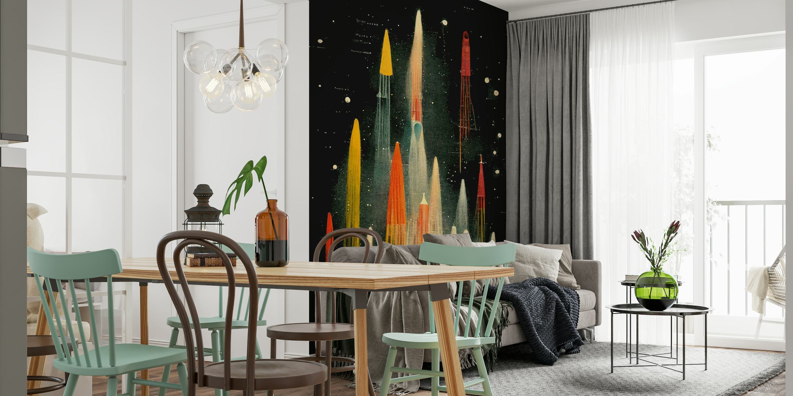 Vintage-style rockets ascending into a starry night sky wall mural