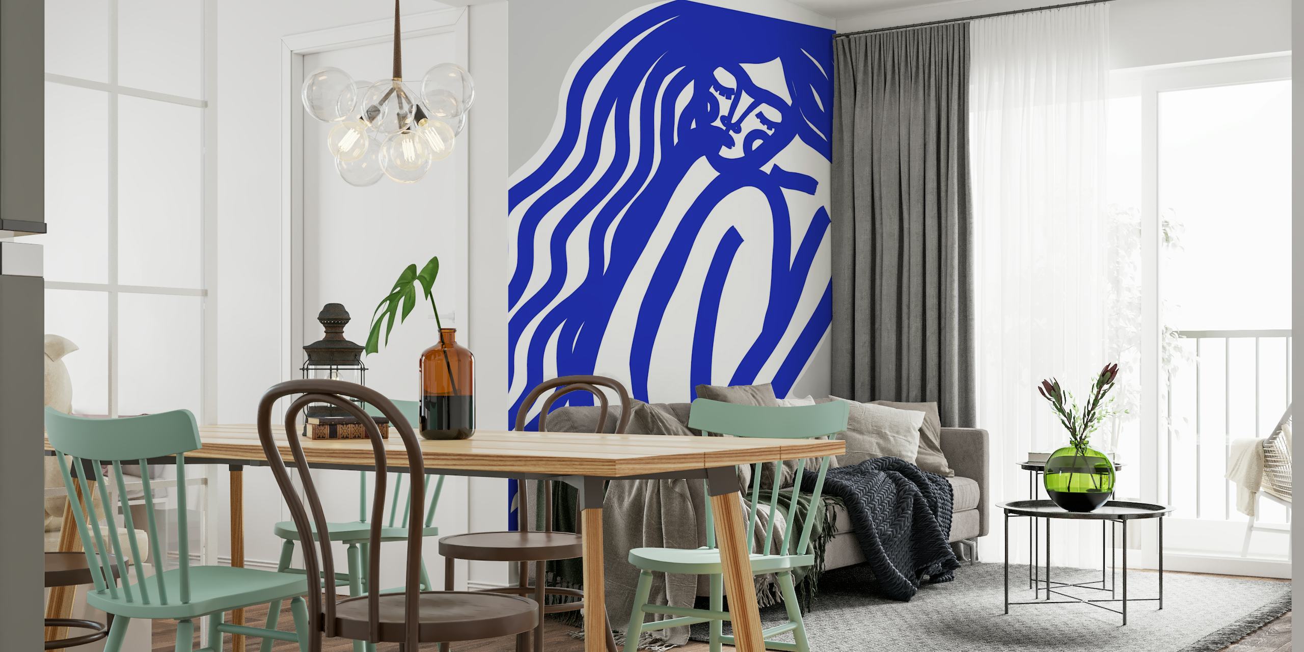 Abstract blue and white wall mural featuring minimalist figures