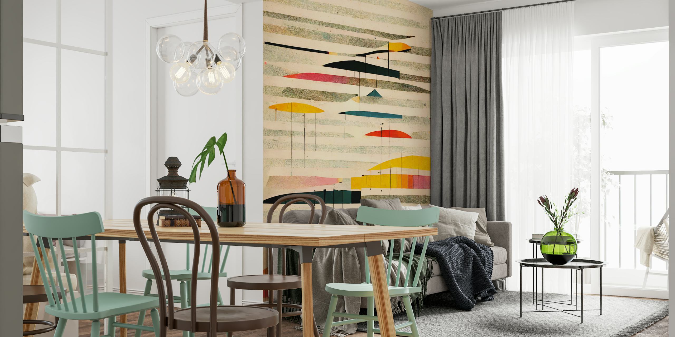 Colorful geometric shapes in pink, yellow, blue, and black wallpaper