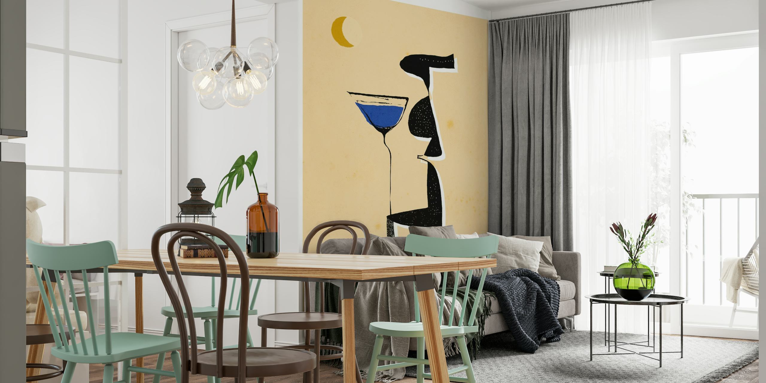 Le Monsieur abstract figure wall mural with warm tones, blue accent, and crescent moon.