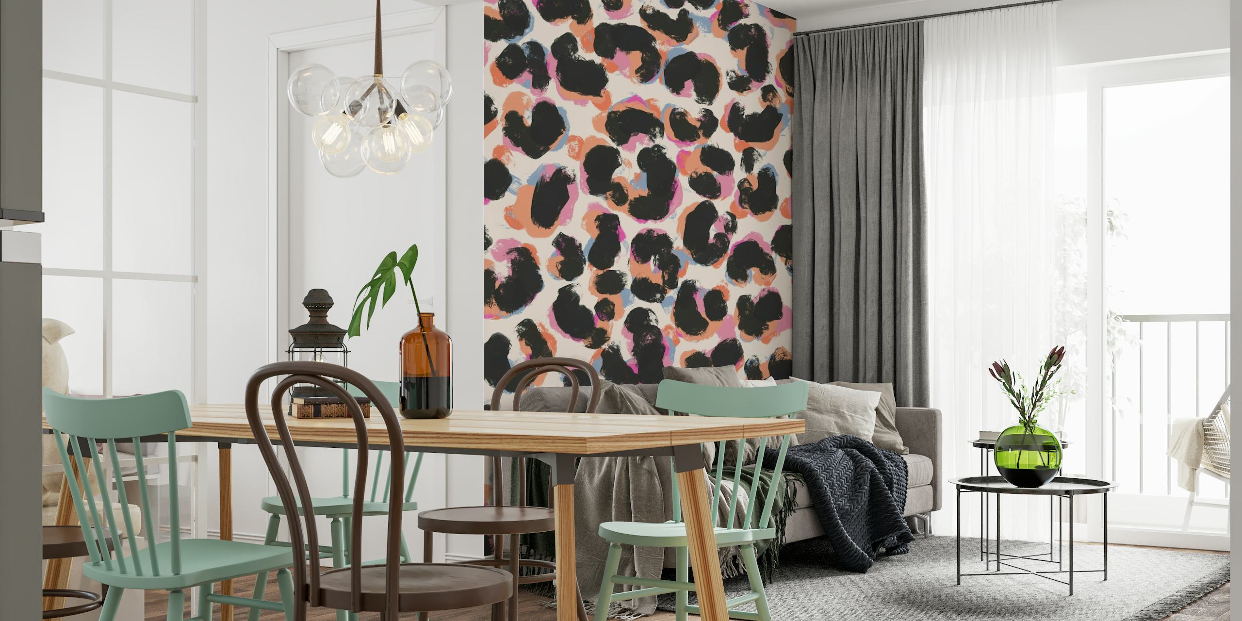 Abstract leopard print wall mural with black, white, and peach-pink patterns
