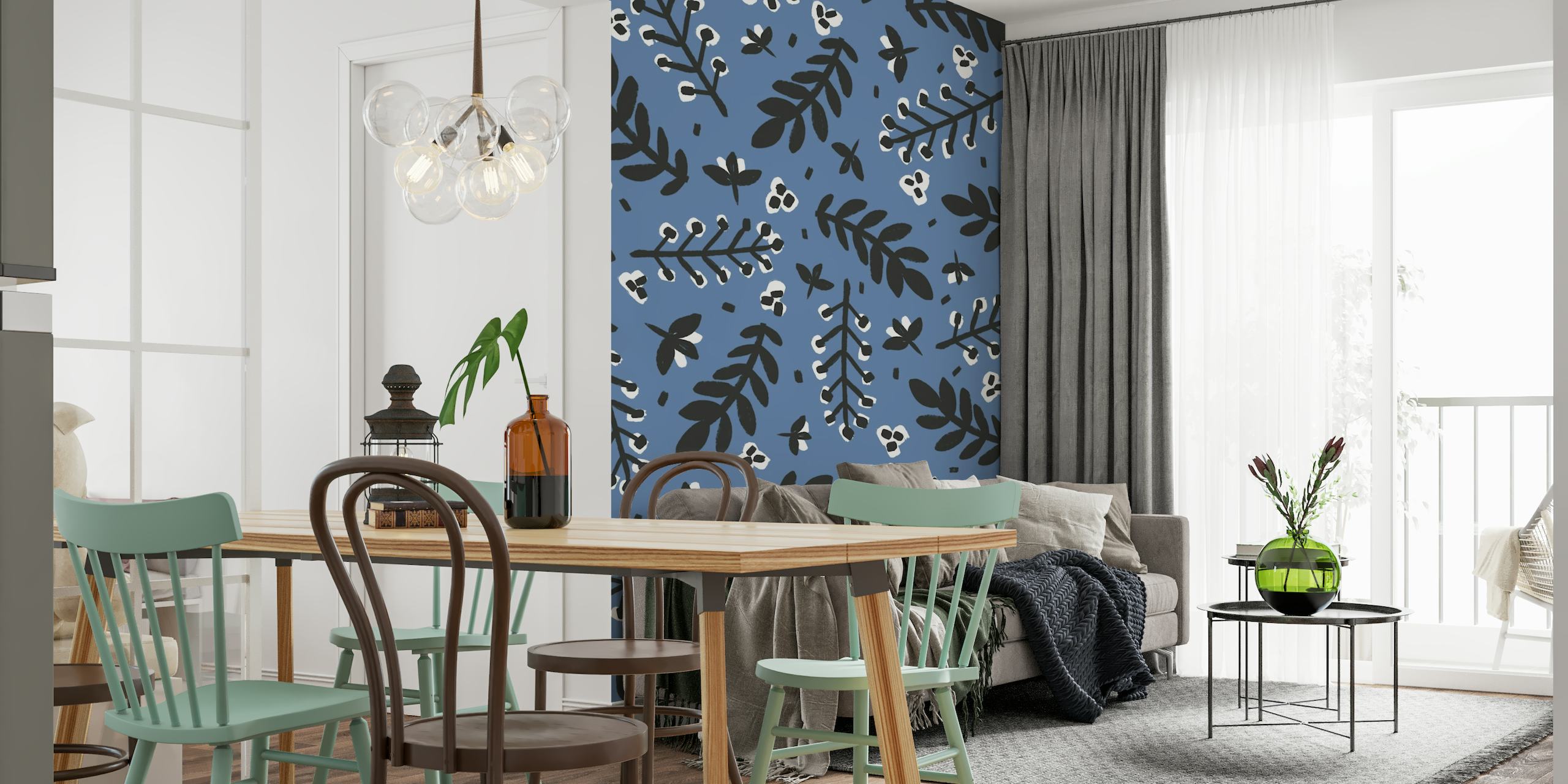 Blue wall mural with black and white branches and berries pattern